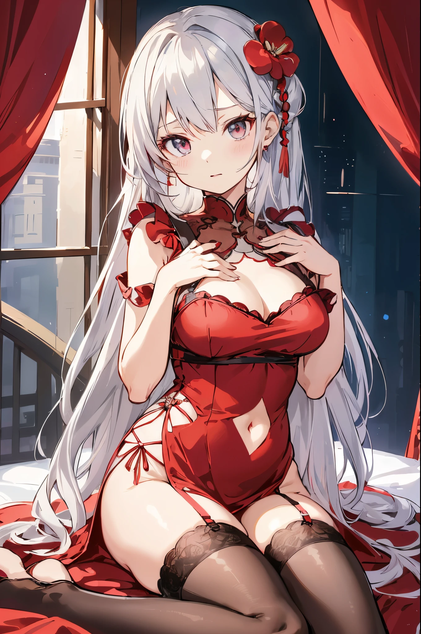 anime - style image of a woman in a red dress sitting on a bed, small curvy , white haired god, Seductive Anime Girl, azur lane style, anime goddess, lolidress, perfect gray hair girl, White-haired, white hair, Cute anime waifu in a nice dress, at pixiv, beautiful alluring anime woman