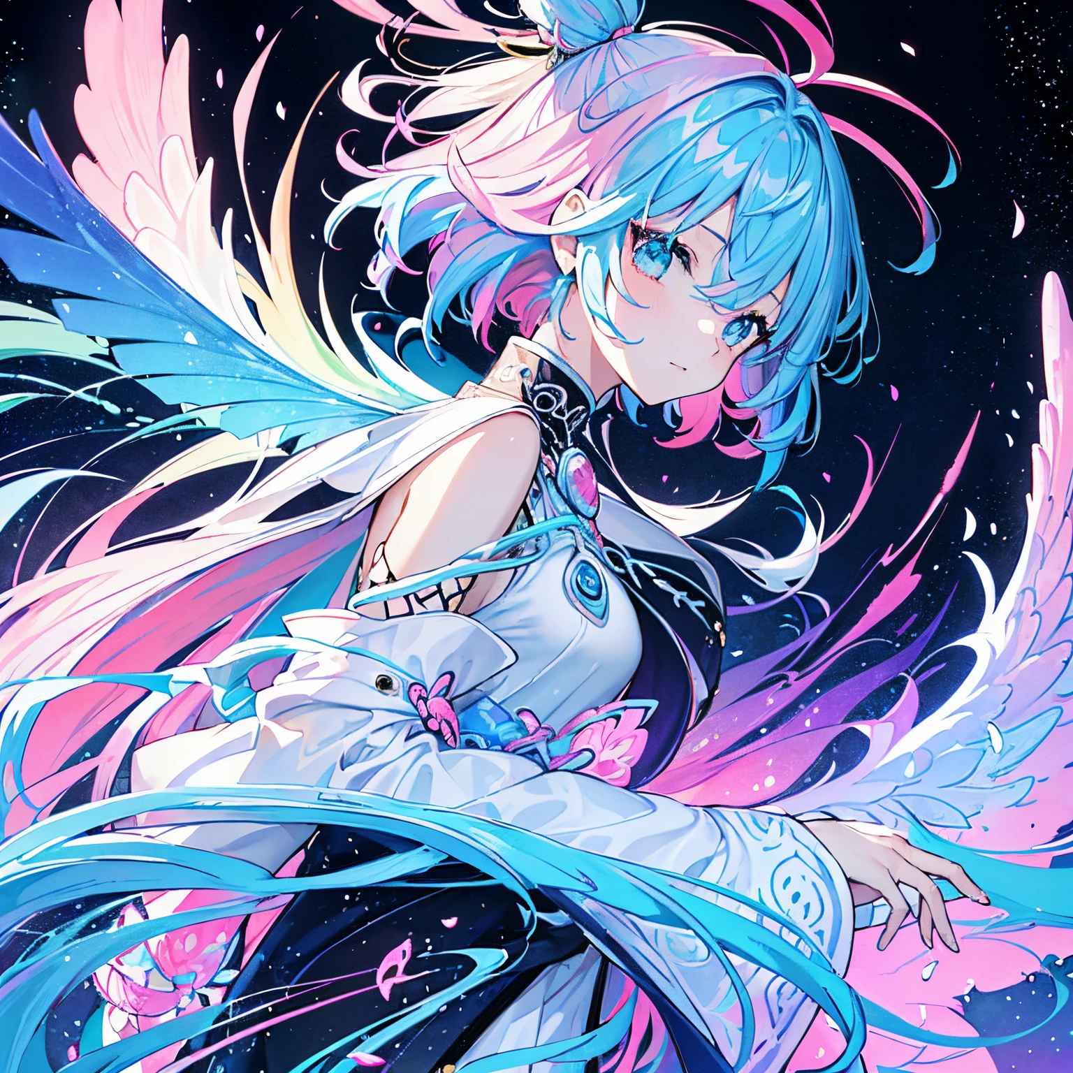 (masterpiece、top-quality、top-quality、watercolor paiting(afro), Official art、(Beautifully Aesthetic:1.2)、(1girl in:1.3)、(Fractal Art:1.3)、The upper part of the body、From Side、looking at the viewers、patterns、colorful wings、(blue hairs、colourful hair、Half blue and half pink hair:1.2)、Eau、liquids、云、colourfull、starrysky、stele、Splashes of bright colors、Colorful moon