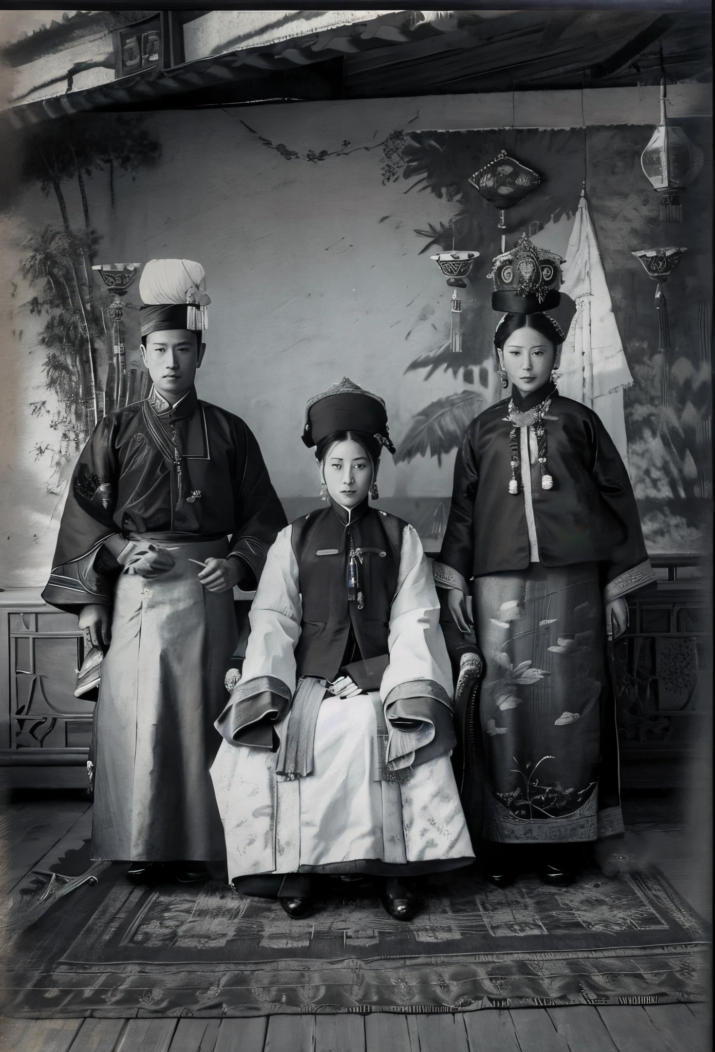 A sketch of three people sitting on chairs in front of a wall.々Pictures, Qing dynasty, Year 1 9 0 0, 1890s, 1 8 9 0 s, by Maurycy Gottlieb, 1900s, SF Tibetan Fashion, 1 8 8 0 seconds, Ceremonial portrait, wearing ornate clothing