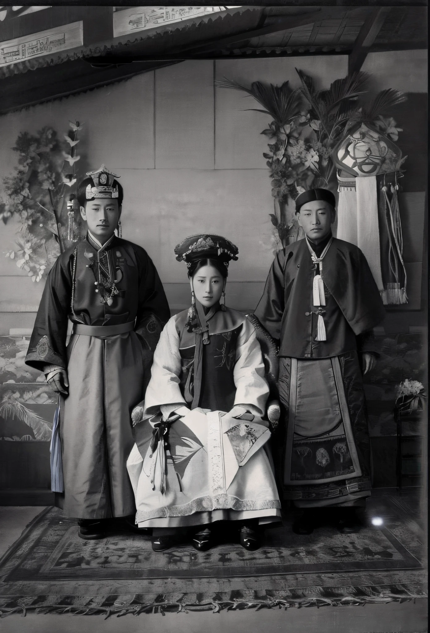 A sketch of three people sitting on chairs in front of a wall.々Pictures, Qing dynasty, Year 1 9 0 0, 1890s, 1 8 9 0 s, by Maurycy Gottlieb, 1900s, SF Tibetan Fashion, 1 8 8 0 seconds, Ceremonial portrait, wearing ornate clothing