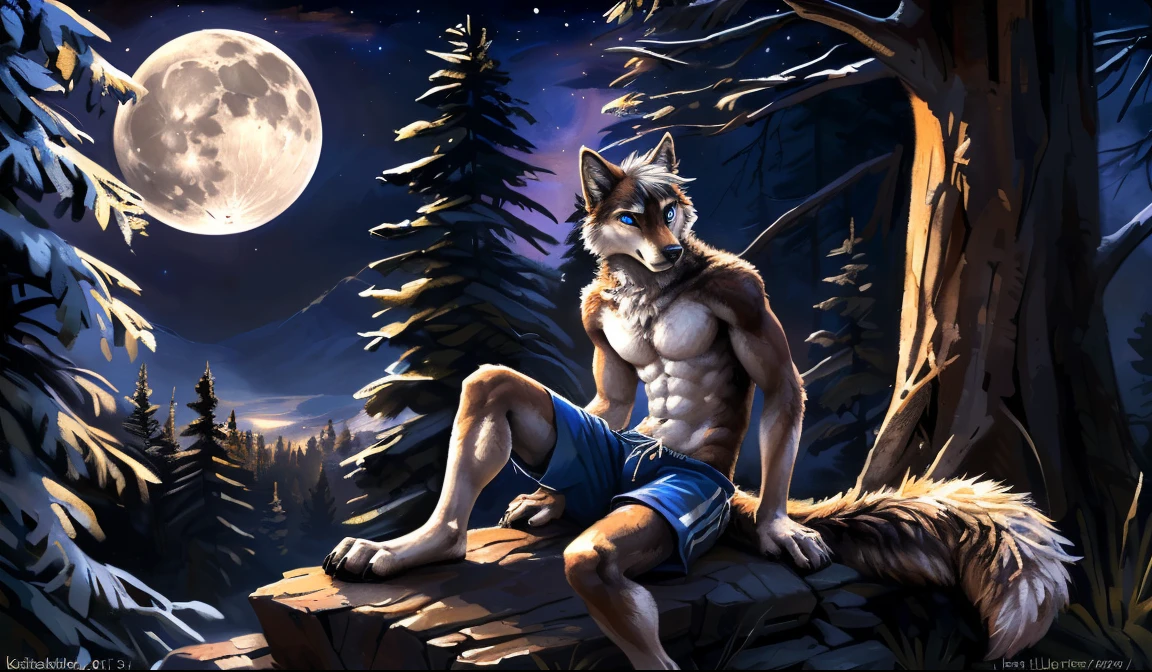 ((Solo)), male people, anthro wolf, (Multi-colored fur, White-brown:1.3, White tail pointed), (Height 2.1 meters,Tail length 1.5m), ((Wolf face, Big eyes, White eyelids, Blue pupil, Slim:1.2) (Tough, Calm expression:1.2)), Abs, Slim, pinging)), (Correct body anatomy), (Work shorts:1.1), The upper body is naked, (detailed outfits),A long big tail,(Realistic fur, Detailed fur texture, labeled:1.3)), (Natural lighting), Photorealistic, Hyperrealistic, ultradetailed, by Kenket,the night,Sit alone,Forest,Look at the full moon,It was dark,Starry