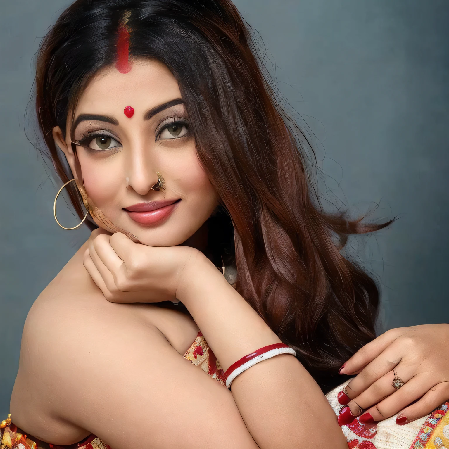 a close up of a woman with a red nose ring and a red nose ring, traditional beauty, assamese, by Bikash Bhattacharjee, wearing bihu dress mekhela sador, assamese aesthetic, actress, very attractive and beautiful, photoshoot, inspired by Bikash Bhattacharjee, inspired by Sudip Roy, very beautiful girl