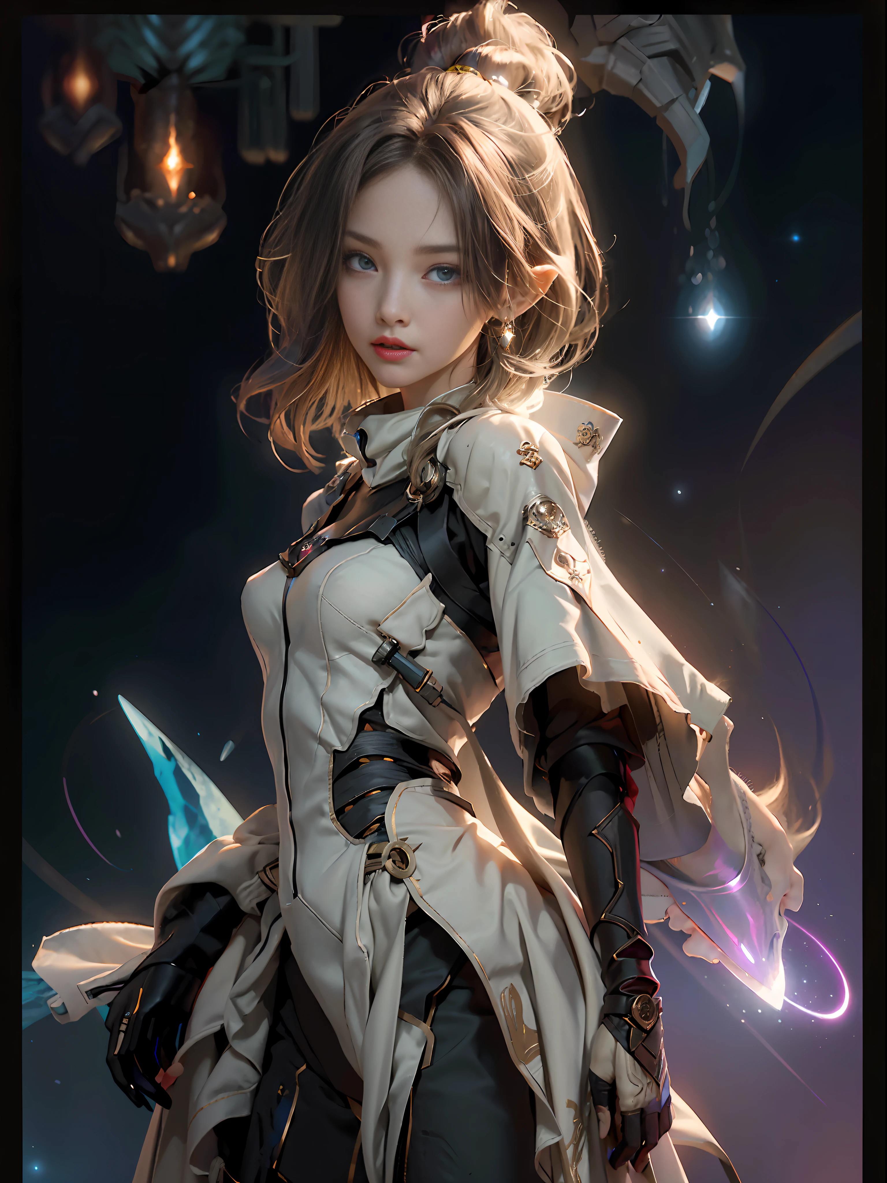 ((Best Quality)), ((Masterpiece)), (Details: 1.4), 3D, Bust, ((Facing Square)), (Body Facing Viewer), A Beautiful Slender Cyberpunk Female Figure, ((Small Breast, Small Head)), ((Bust Photo)), (Upper Body), (Perfect Body: 1.1), (Perfect Face), (Perfect Eyes), (Perfect Fingers), (Short Neck Hair: 1.3), (Tight Cyber Combat Suit: 1.2), Golden Hair, Collar, (Glove), Chain, In the distant future, the boundary between science fiction and fantasy has disappeared, and the world is an awesome tapestry of wonder. Enter a universe where magic and technology coexist in harmony and shape the fate of civilization in the vast expanse of space. At the heart of this field is celestial relations, an interstellar center of mysterious energy and technological wonders. Here, arcane knowledge is intertwined with cutting-edge science, giving birth to a society where spaceships are filled with the power of ancient spells, while occult art enhances technology. As a young explorer, embark on a grand adventure destined to unlock the secrets of the celestial bond. As you travel through the uncharted realms of the universe, encounter various civilizations full of creatures with extraordinary abilities. From the ethereal spire of the elves, where the art of traveling across dimensions is perfected, to the cybernetic enclave of the Android Group, witness the tapestry of life where magic and technology intertwine. Unleash your latent power as you adapt to the energy flowing through the Nexus. Take advantage of the ancient spells of forgotten witchcraft to propel your starship through the vast universe. Engage in epic battles against Cosmic Abomination and Intergalactic Tyrants, wielding enchanted weapons infused with future enhancements. Uncover the origins of this harmonious blend of magic and technology as you delve into the mysterious realm of celestial relationships. Discover ancient prophecies that foreshadow catastrophic events that could upset this delicate balance. Unite with a group of ex
