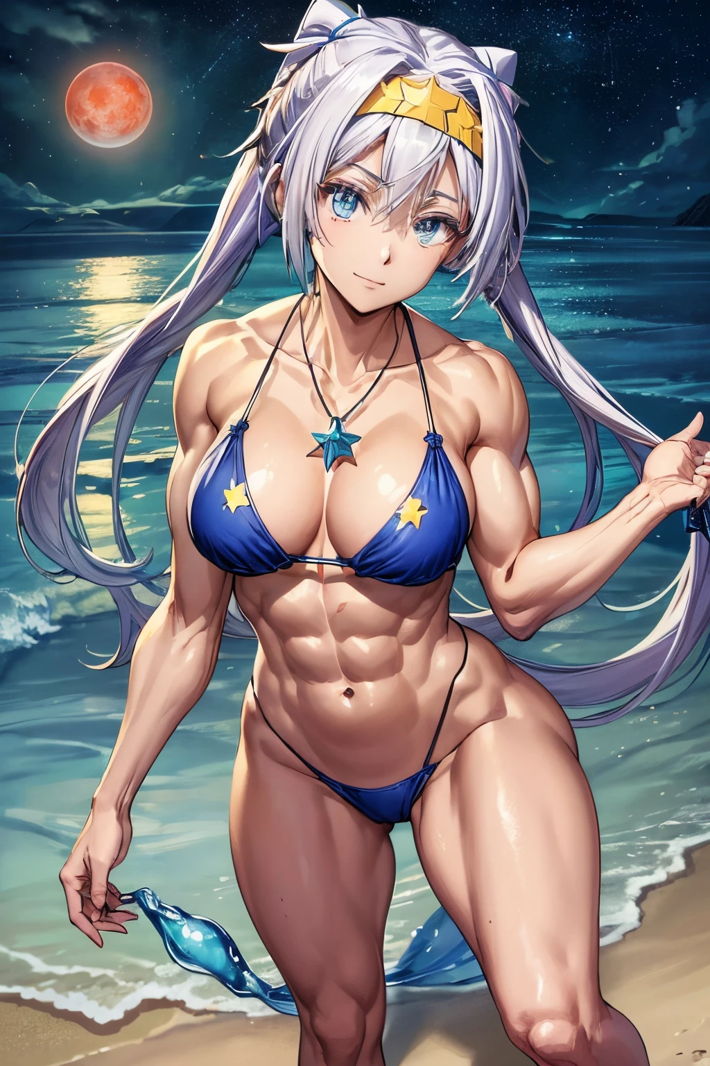 (1 girl), (((Velzard de tensei shitara slime datta ken))), She has fair skin, eyes the color of blue diamonds and long, shiny hair, Pearl White, reaching down to her waist, (((She wears a blue pendant in the shape of a star and a golden headband))), (wears a very short black bikini), large breasts, thin arms, (muscular belly), (((muscular legs))),(standing), thin waist, bare feet and very detailed, beautiful feet and well-shaped toes, (((beach night scene with starry sky and blood moon in the sky))), (hair tied in double ponytails), empty eyes, eyes empty, empty eyes, eye reflection, glowing eyes, bad mood, anime, anime style, ray tracing, cinematic lighting, panorama, Sony FE, UHD, masterpiece, anatomically correct, super detail, high quality, best quality, high resolution, 16k