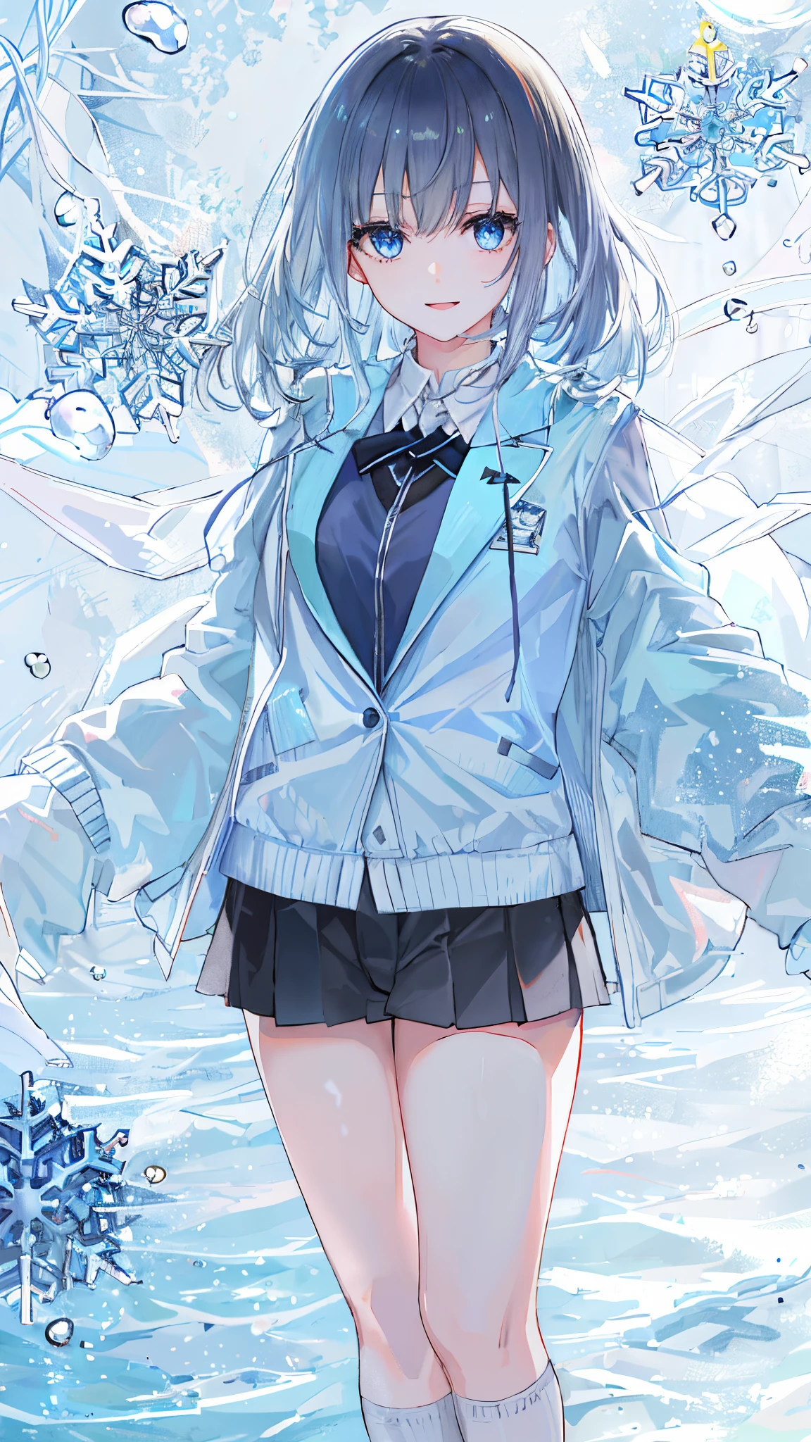 ((top-quality)), ((​masterpiece)), ((ultra-detailliert)), (Extremely delicate and beautiful), girl with, 独奏, cold attitude,((Black jacket)),She is very(relax)with  the(Settled down)Looks,A dark-haired, depth of fields,Evil smile,Bubble, under the water, Air bubble,bright light blue eyes,inner color with bright gray hair and light blue tips,,,,,,,,,,,,,,,Cold background,Shorthair、Bob Hair - Linear Art, shortpants、knee high socks、White uniform like school uniform、Light blue ribbon ties、Clothes are sheer、Hands in pockets、Bright eyes like sapphire,Fronllesse Blue, A small blue light was floating、Snowflake eyes、fantastic eyes,huge smile