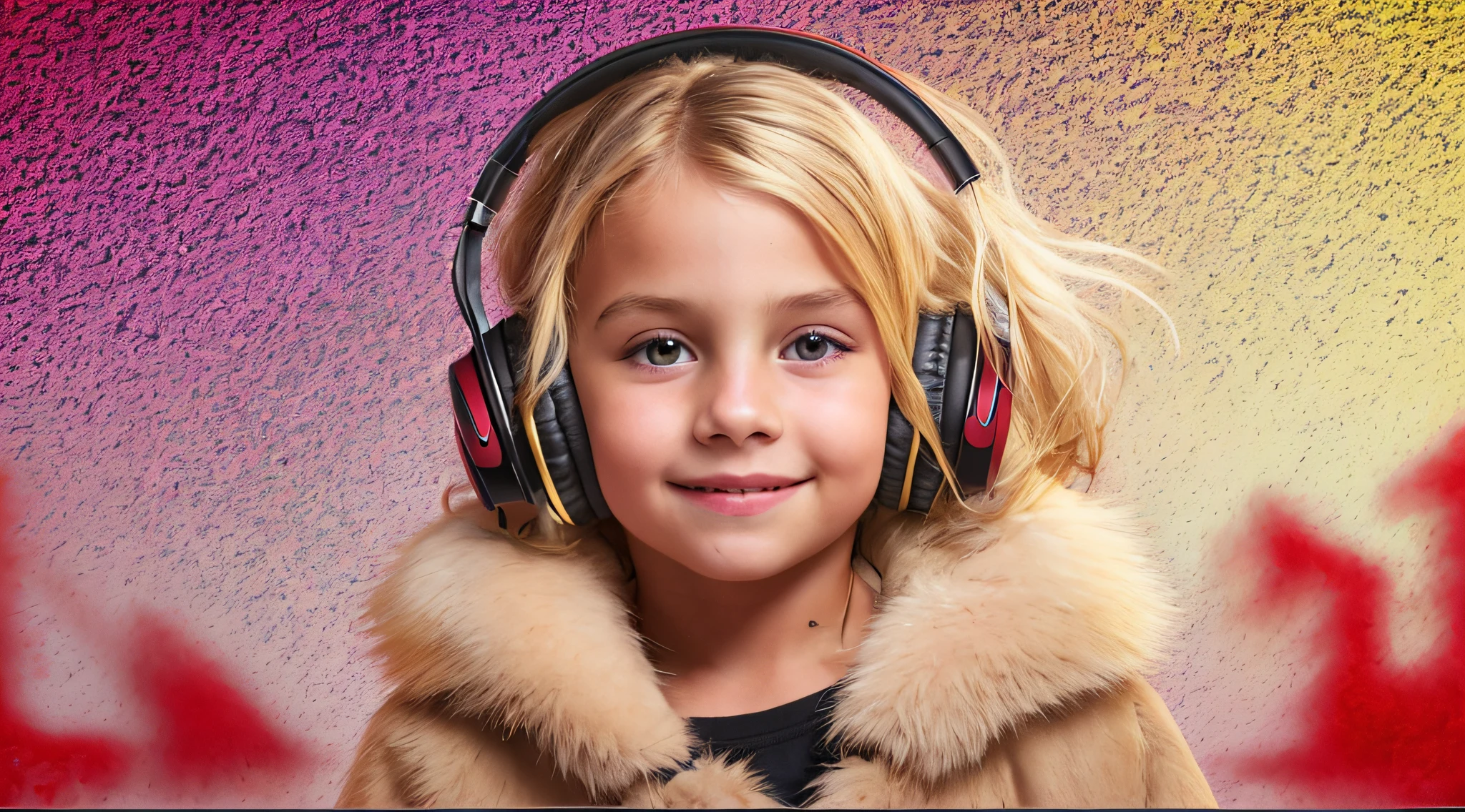 GIRL CHILD 8 YEARS OLD, RUSSIAN STYLE BLONDE HEADPHONES, BLACK FUR COAT, MESSY SHOULDER LENGTH BLONDE HAIR, RED BACKGROUND, BROWN EYES, HAPPY, CLEAN DETAILED FACES, INTRACATE CLOTHES, ANALOGOUS COLORS, BRIGHT SHADOWS, BEAUTIFUL GRADIENT, DEPTH OF FIELD, CLEAN IMAGE, HIGH QUALITY, HIGH DETAIL, HIGH DEFINITION, LUMINOUS STUDIO GRAPHICS ENGINE, BEAUTIFUL FACE