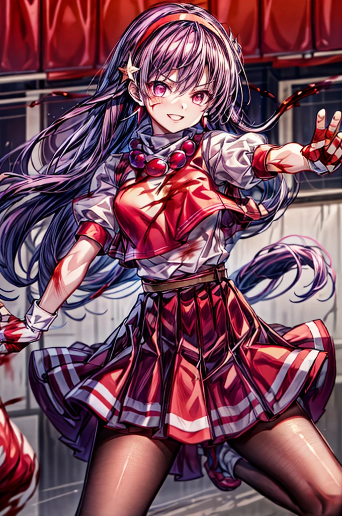(masterpiece)、(top-quality)、(ultra-detailliert)、intricate detailes、athena97、(1girl in)、独奏、Purple eyes、Purple hair、length hair、White earrings、red hairband、Star hair ornament、Medium Breath、Red vest、White turtleneck、White Puff Sleeves、shortsleeves、Red pleated skirt、(Crimson pantyhose:1.2)、Black pantyhose、Yellow belt、purple sphere shape necklace、Red fingerless gloves、White short socks、Red shoes、evil smile、NSFW、Cowboy Shots、blurry backround、anime styled、(Blood on the face:1.4)、(Fighting stance:1.6)