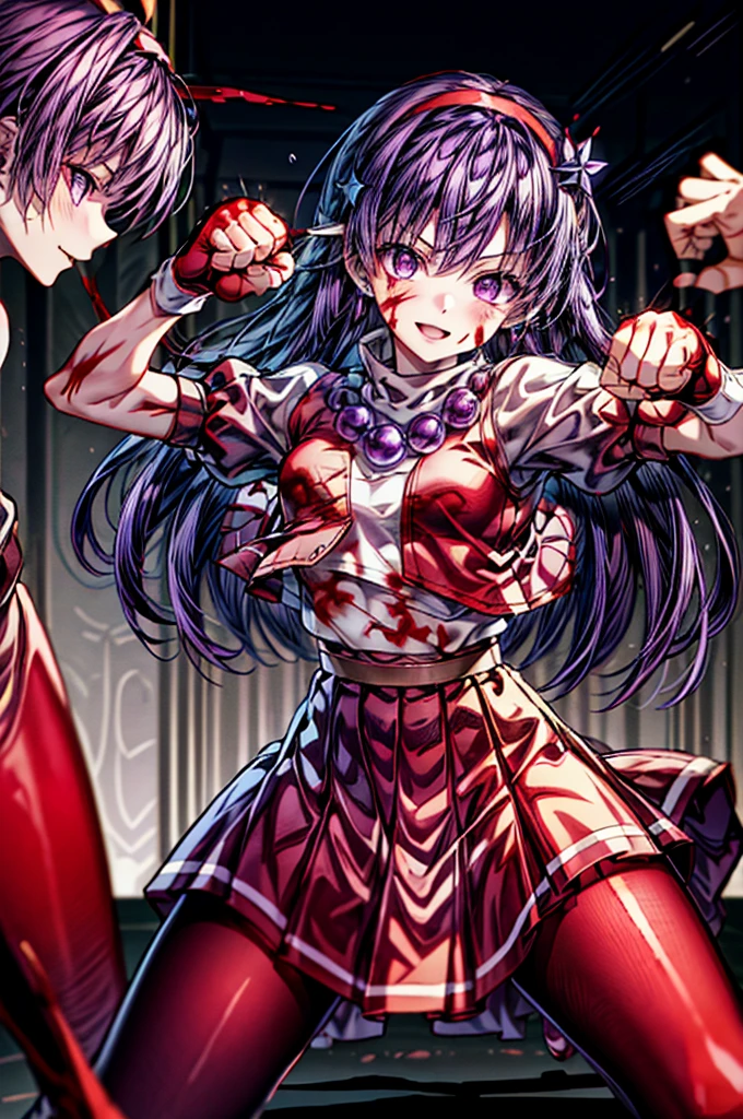 (masterpiece)、(top-quality)、(ultra-detailliert)、intricate detailes、athena97、(1girl in)、独奏、Purple eyes、Purple hair、length hair、White earrings、red hairband、Star hair ornament、Medium Breath、Red vest、White turtleneck、White Puff Sleeves、shortsleeves、Red pleated skirt、(Crimson pantyhose:1.2)、Black pantyhose、Yellow belt、purple sphere shape necklace、Red fingerless gloves、White short socks、Red shoes、evil smile、NSFW、Cowboy Shots、blurry backround、anime styled、(Blood on the face:1.4)、(Fighting stance:1.6)