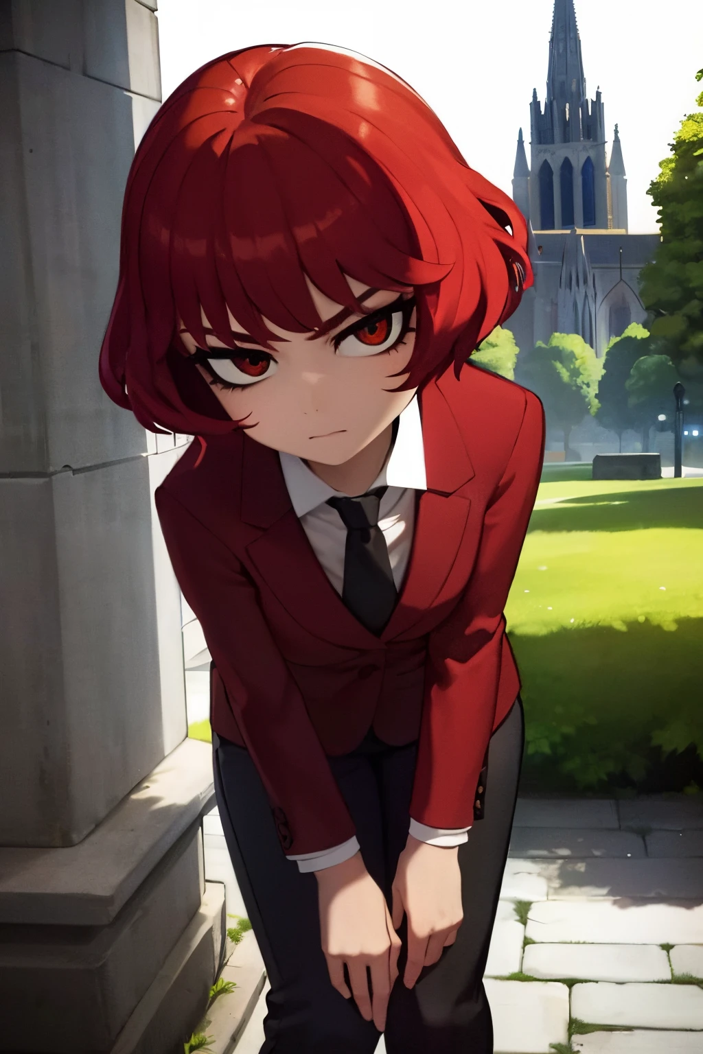 (youngwoman,red shorthair,redeyes,suit,paleskin,4k,cathedral,masterpiece:1.2,seriousface,HD),ultra-detailed,physically-based rendering,vivid colors,portraits,colorful lighting,lush greenery,quiet atmosphere,gentle expression,sharp focus,stone architecture,dramatic shadows,candid pose,cityscape,artistic composition,rich textures,bokeh