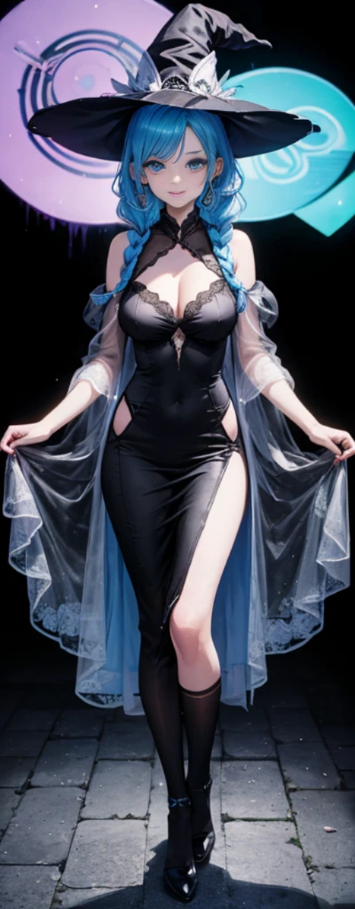 (Full body photo),Fluorescent background,(1 Witch,Flash fluorescence,Hats,see through tulle tang suit,Delicate headgear,ssmile),(paper art,Quilted paper art,geometry),(Lots of colors,Best quality,high detal,tmasterpiece,movie light effect,4K,lightand shade contrast),Blue sheer tulle dress,pigtails,Red knee-length socks,luminous totem,eBlue eyes,blue hair and big breasts,long braid,