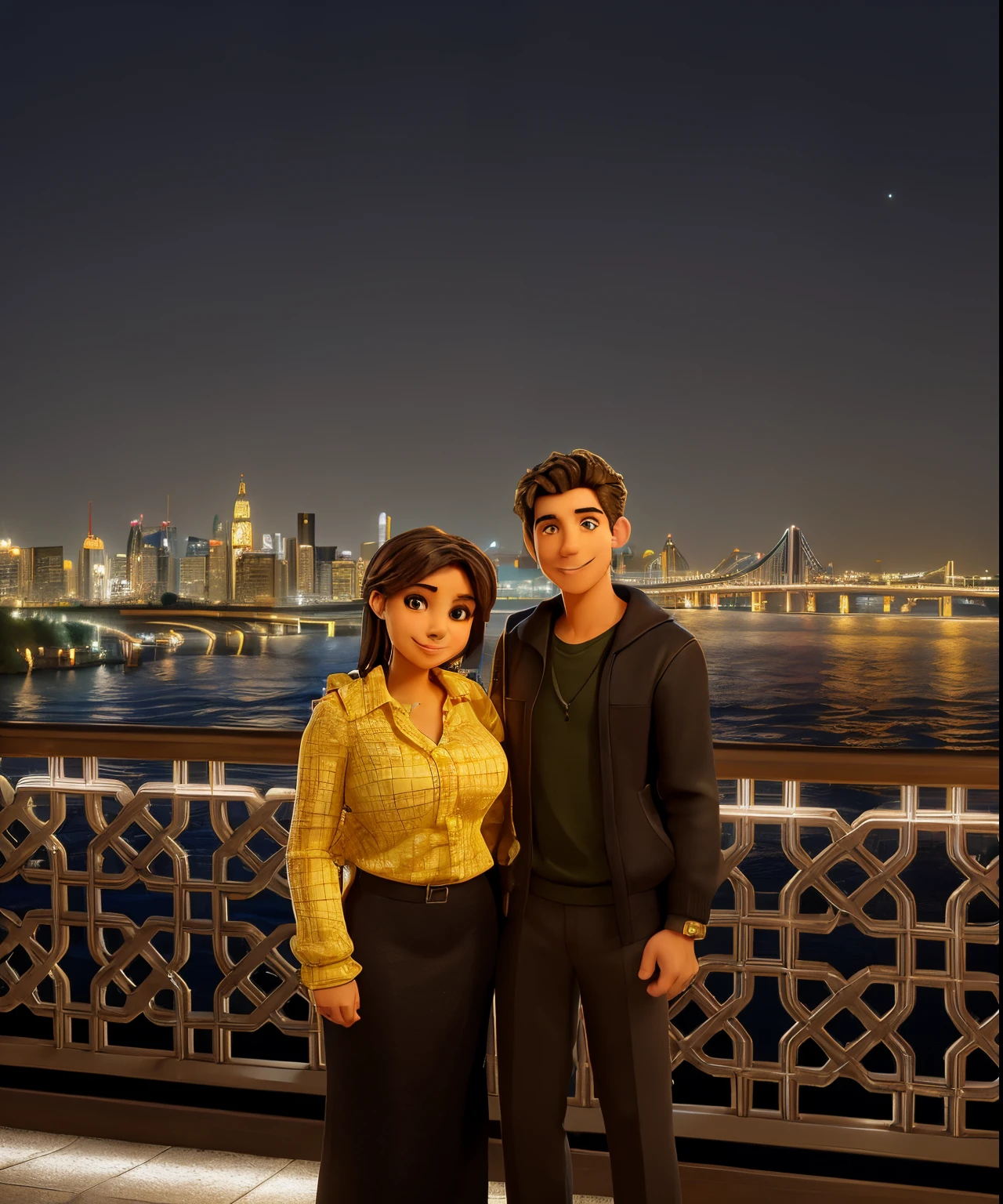 The image portrays a man donning a black shirt and a woman dressed in a yellow top, both standing together and looking at the camera with smiles on their faces against an illuminated cityscape at night. They are on a bridge, with a river and multiple lit-up buildings in the background, lending the scene a romantic and warm atmosphere.
