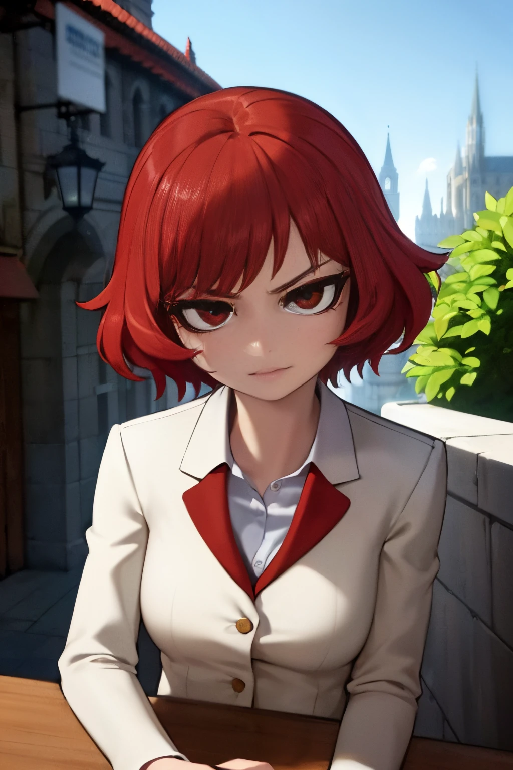 (youngwoman,red shorthair,redeyes,suit,paleskin,4k,cathedral,masterpiece:1.2,seriousface,HD),ultra-detailed,physically-based rendering,vivid colors,portraits,colorful lighting,lush greenery,quiet atmosphere,gentle expression,sharp focus,stone architecture,dramatic shadows,candid pose,cityscape,artistic composition,rich textures,bokeh