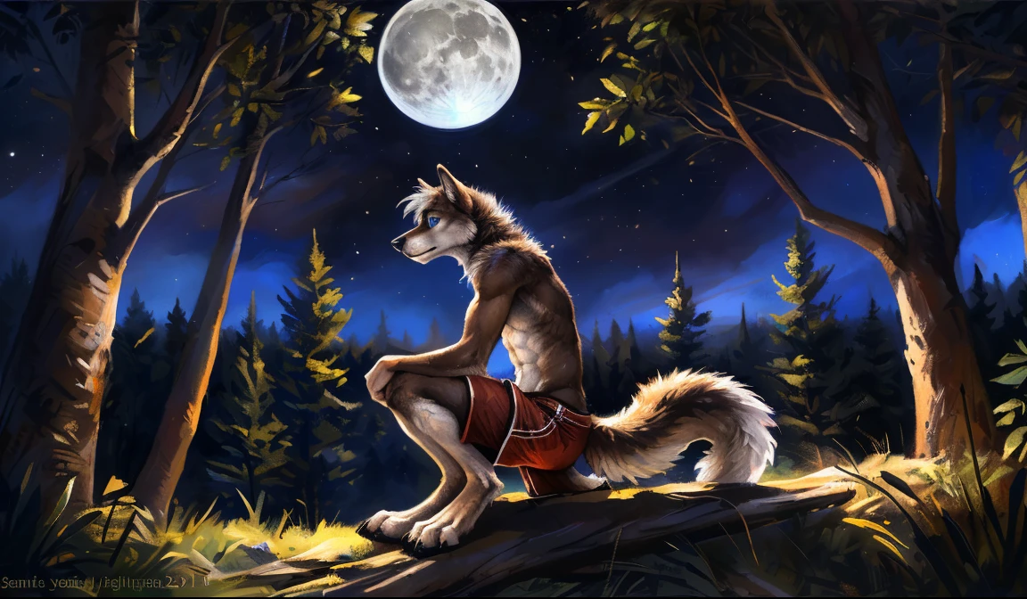 wolf, anthro, canine penis, from side, outdoors, moon, night <lora:nonhumans:0.9>