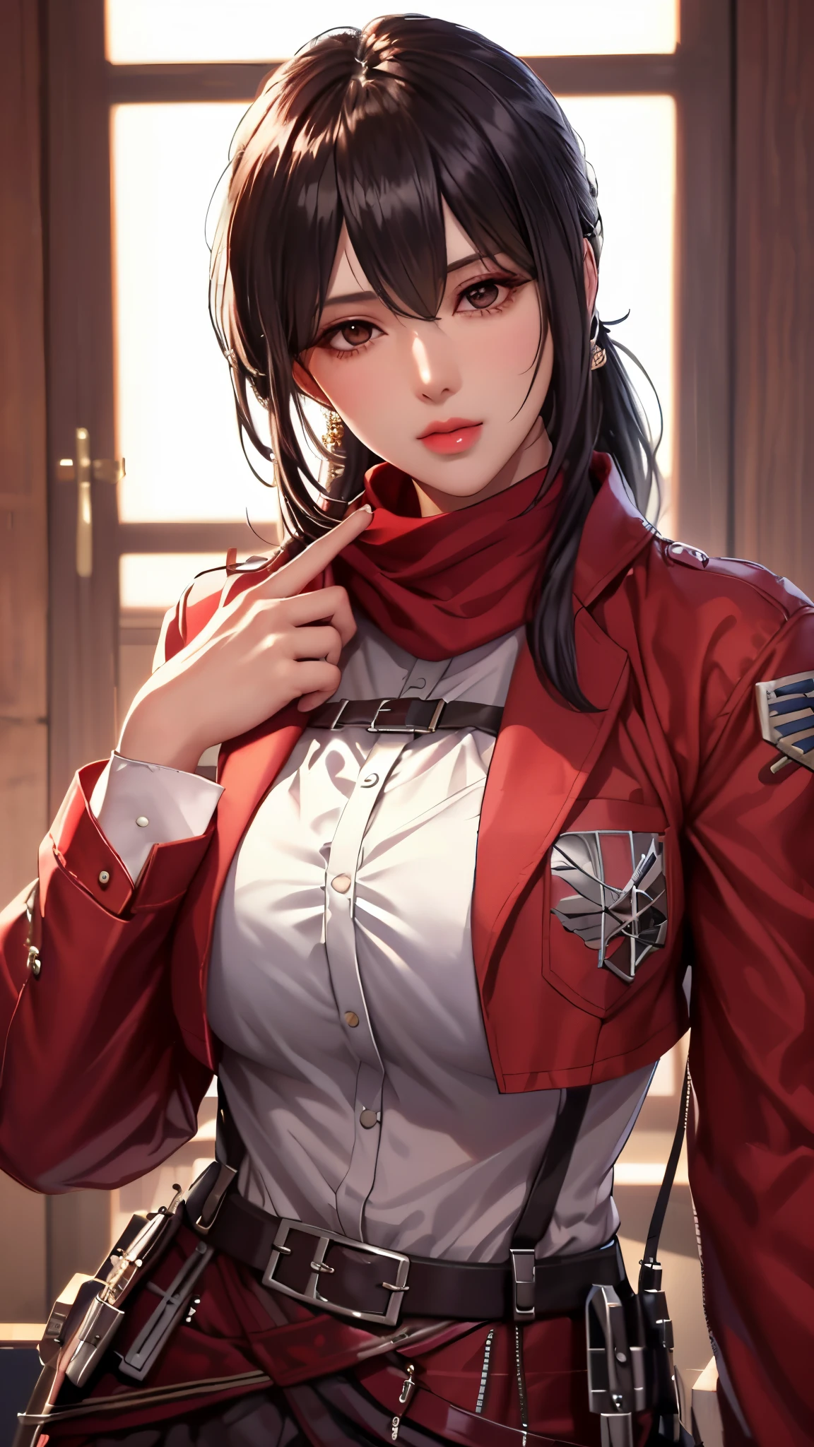 （（（planning_ackerman，through bangs, obi strip, belt buckle, 黑The eye, black hair color hair, Brown belt, Brown jacket, Buckle up, Formal shirts, hair between eye, jaket, longer sleeves, Medium hair, Open your clothes, Open jacket, uniform of heaven, red neckchief, The shirt, ））），((tmasterpiece)),A high resolution, ((Best quality))，tmasterpiece，top-quality，Best quality at best，（（（ exquisite facial features，looking at viewert,There is light in the eyes，Smilingly，self-assured ））），（（（Light and shadow interlace，huge boob，Lop，Excitation））），（（（araf asian woman posing, beautiful Korean women, Sam rice cereal, Realistic young gravure idol, Lop, beautiful attractive anime woman, Korean girls, Japan goddess, drying，and the sun was shining brightly, seductive anime girls, gorgeous young korean woman,  yanjun chengt,）））