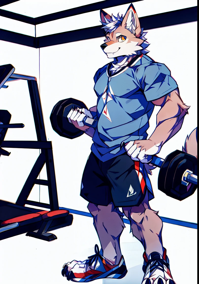 Human-wolf,musculous,Full Body Furry,paws with claws,pass upright,Working out in a gym
