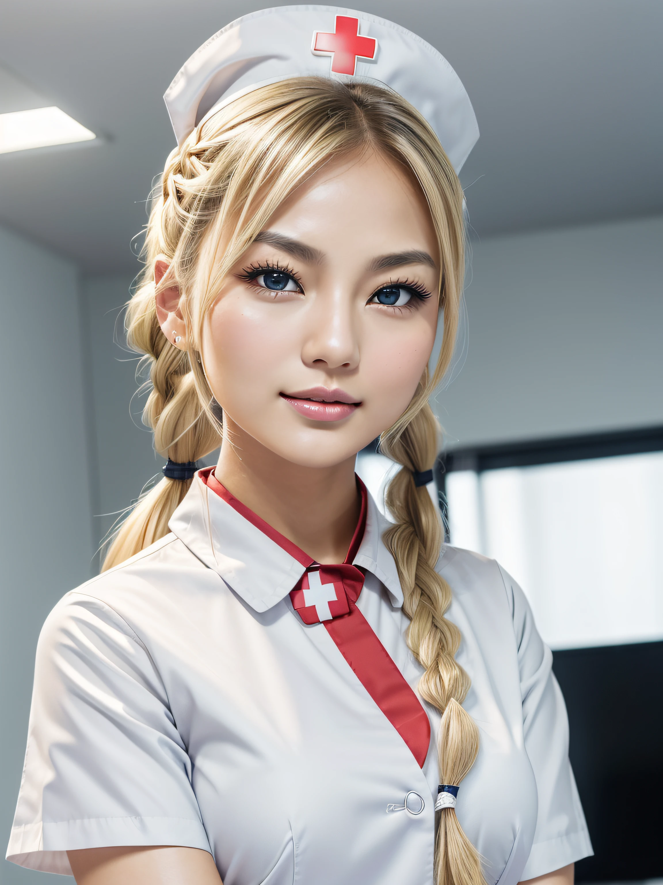 (Masterpiece), (Realistic), (best_quality), (8K), ultra_detailed, UHD, RAW, (beautiful+symmetric+cute+(very cute)+(feminine)+lovely), (petite)+((young))+asian+nurse, clean+tan:1.6+skin, round+Tang_Yan+face_shape, (blonde hair) straight+((blonde))+beautiful+attractive+feminine+(pigtails_braids)+hair, (small)+(arched)+Song_Hye-Kyo+eyebrows, (dark blue eyes) thin_monolid_upturned double_eyelid beautiful symmetric young_Tang_Yan eyes, thin+delicate+most_beautiful+symmetric+beautiful+Morena_Baccarin+nose, big+(round)+beautiful+symmetric+feminine+cute+young_Tang_Yan+cheeks, beautiful+prominent+cheekbones, beautiful+symmetric+feminine+Taylor_Swift+lips, dark_pink+lipstick, rounded+beautiful+feminine+symmetric+jaw, rounded+feminine+symmetric+chin, beautiful+(petite)+symmetric+feminine+body, wearing a sexy (((white) nurse uniform with (red cross))), standing by the hospital bed, smiling_flirting_expression, most_beautiful_petite_young_asian_woman