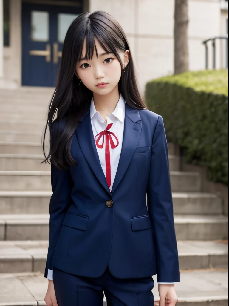masterpiece、masutepiece、Top image quality、Official art、 girl、14years、wear a darue blazer、wear a red ribbon on the chest、Below is、wear dark blue slacks、FULL BODYSHOT、At school