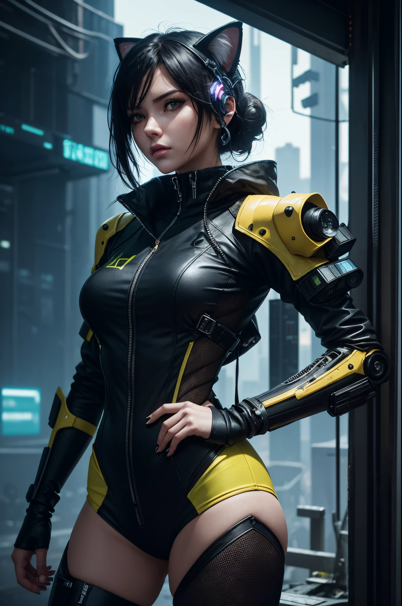 8k,Small-breasted cat girl in black and yellow costume posing for a photo, small breasted cyberpunk girl, attractive cat girl, The Art of Digital Cyberpunk, Cat Girl,  wojtek fus, wearing techwear and armor, teens girl, Trending on CGSTATION,in woods,