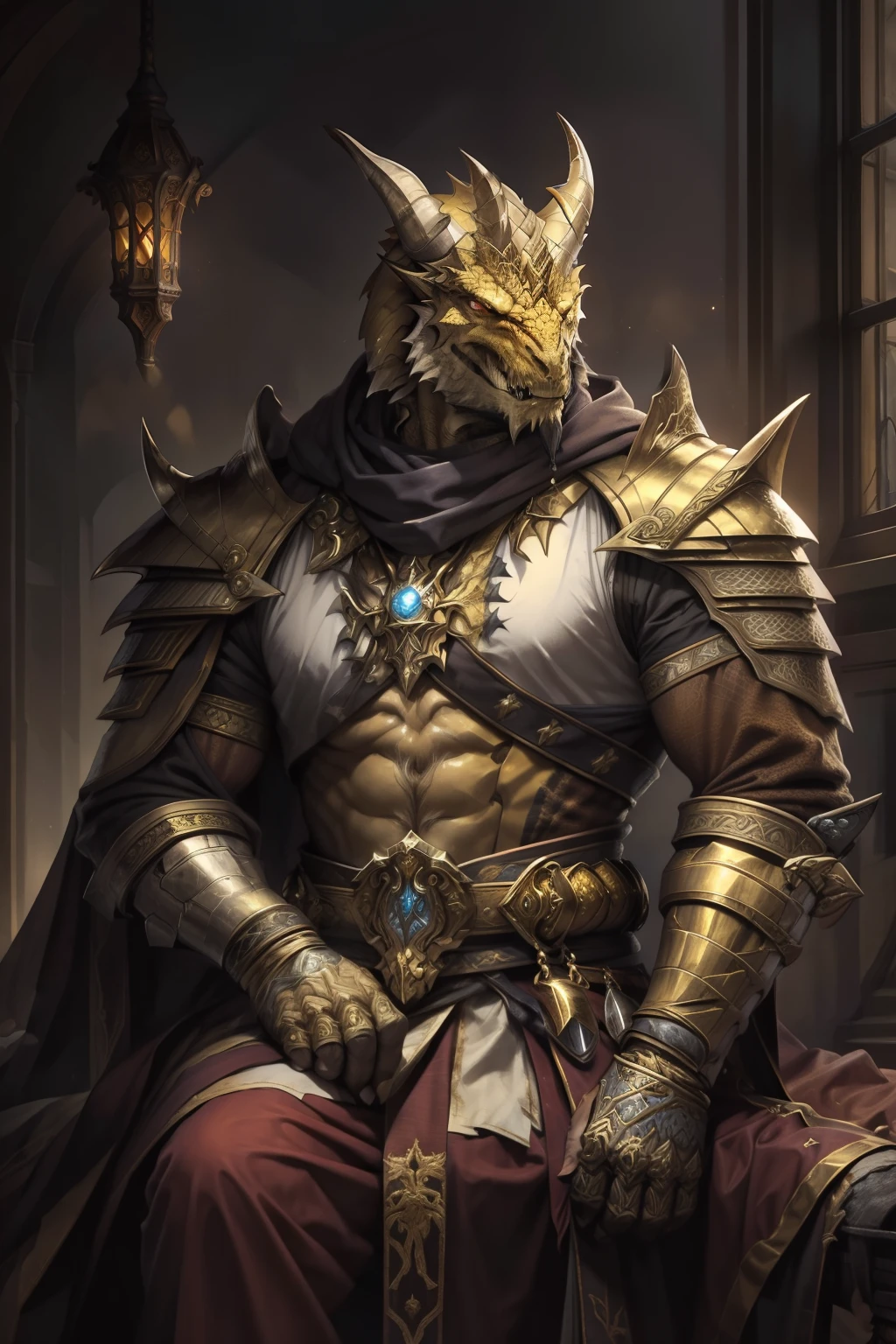 Bel or de l'Enfant de Dragon, Seul, yeux jaunes, macho, assis, Accent mis sur les hommes, Cornes, dent, dedans, armure, livre, brillant, sourire, shoulder armor, Gantelets, Pauldrons, bougie , ((Master part, Best quality)), muscle
