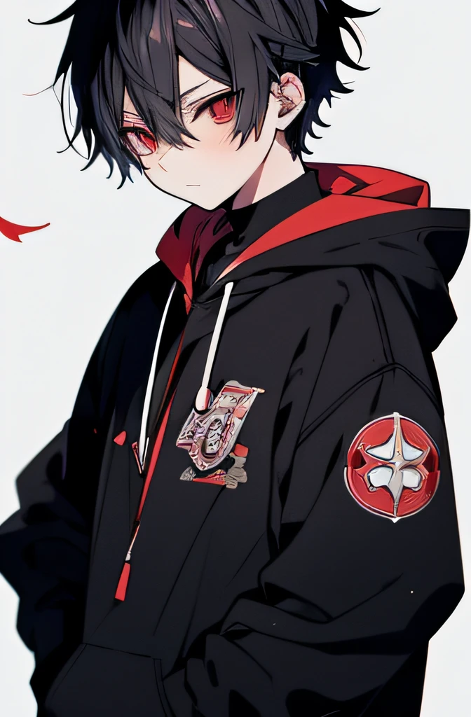 Anime boy with black hair and red eyes wearing a blue hoodie, an anime drawing inspired by Okumura Masanobu, pixiv, shin hanga, with index finger, 2 d anime style, anime moe art style, Anime Boy, In an anime style, young anime man, anime style character