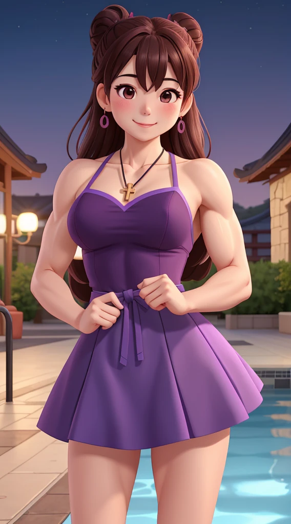 attractive korean woman, ripped muscle, muscular body, small breast, pale skin, smile(blush), purple dress, cross pendant, sixpack abs, [ultra detailed skin:1.2], brown hair, hair bun, 8k uhd, full body, stand, crowd, public, night, poolside,