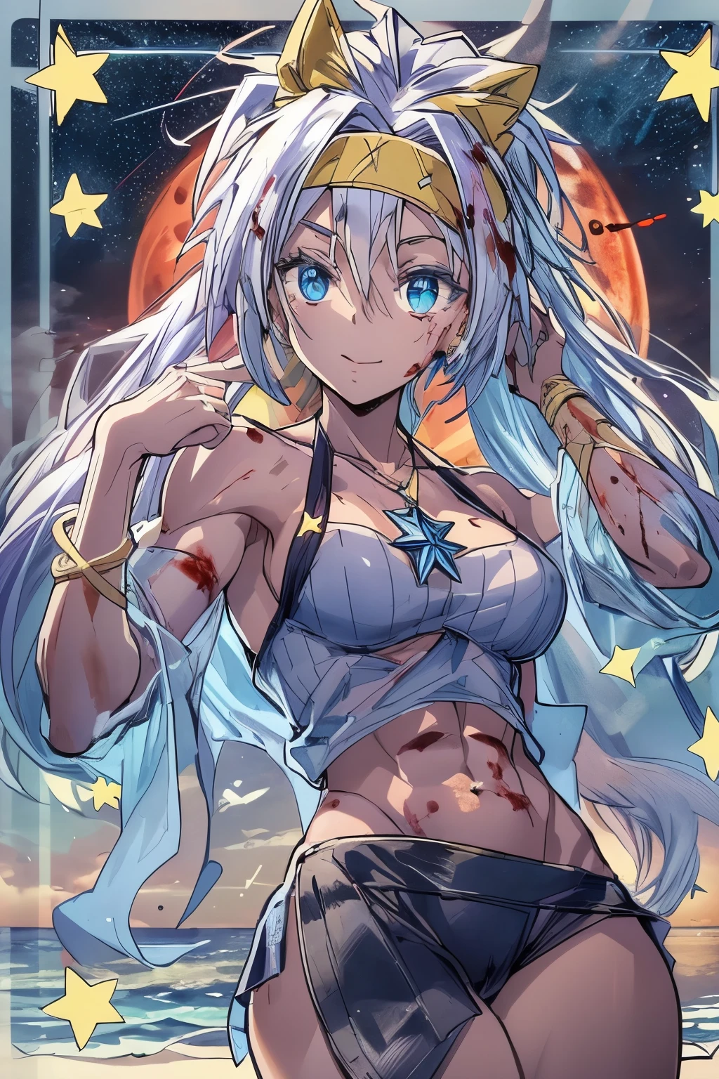 (1 girl), (((Velzard de tensei shitara slime datta ken))), She has fair skin, eyes the color of blue diamonds and long, shiny hair, Pearl White, reaching down to her waist, (((She wears a blue pendant in the shape of a star and a golden headband))), (wears a very short black bikini), large breasts, thin arms, (muscular belly), (((muscular legs))),(standing), thin waist, bare feet and very detailed, beautiful feet and well-shaped toes, (((beach night scene with starry sky and blood moon in the sky))), (hair tied in double ponytails), empty eyes, eyes empty, empty eyes, eye reflection, glowing eyes, bad mood, anime, anime style, ray tracing, cinematic lighting, panorama, Sony FE, UHD, masterpiece, anatomically correct, super detail, high quality, best quality, high resolution, 16k