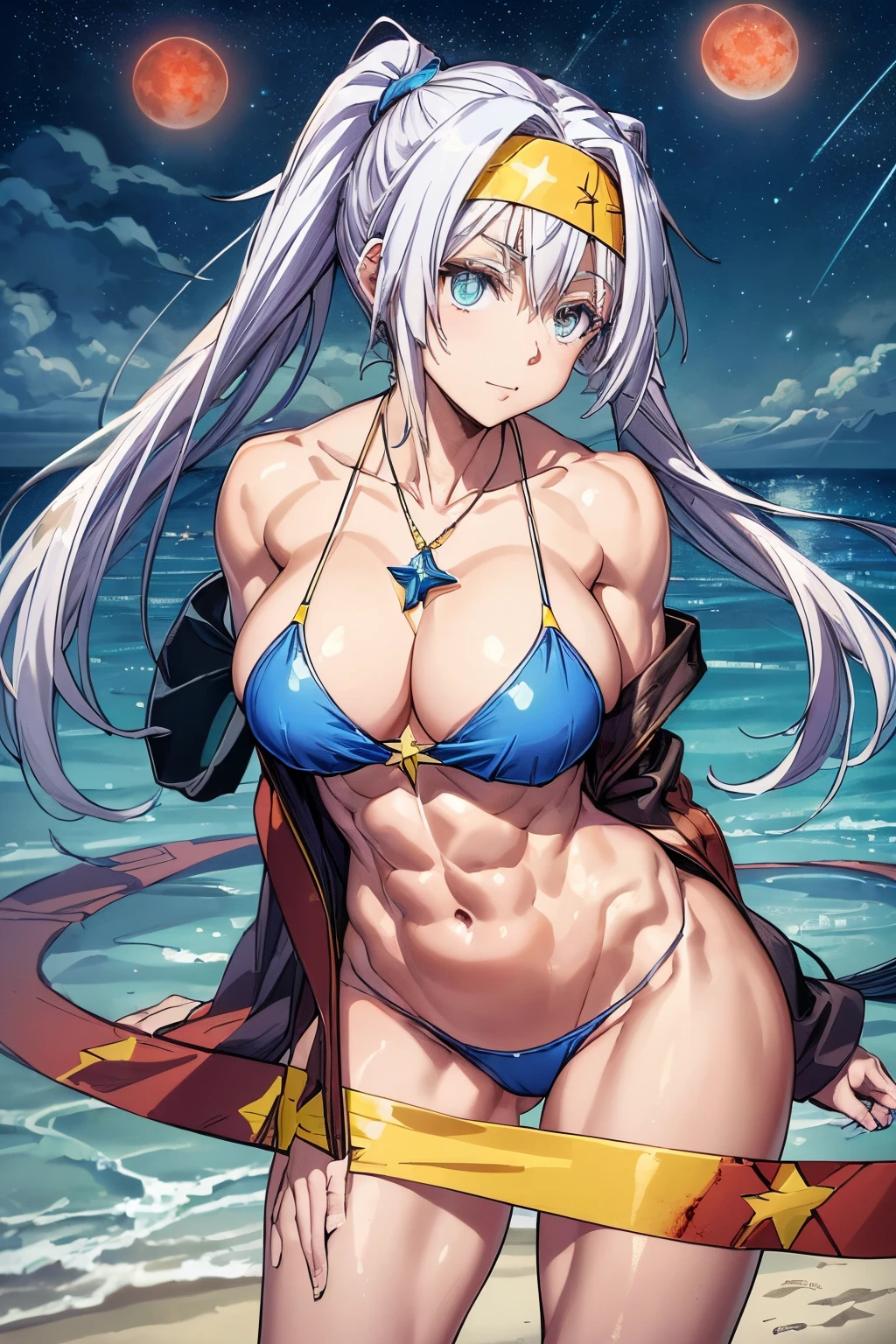 (1 girl), (((Velzard de tensei shitara slime datta ken))), She has fair skin, eyes the color of blue diamonds and long, shiny hair, Pearl White, reaching down to her waist, (((She wears a blue pendant in the shape of a star and a golden headband))), (wears a very short black bikini), large breasts, thin arms, (muscular belly), (((muscular legs))),(standing), thin waist, bare feet and very detailed, beautiful feet and well-shaped toes, (((beach night scene with starry sky and blood moon in the sky))), (hair tied in double ponytails), empty eyes, eyes empty, empty eyes, eye reflection, glowing eyes, bad mood, anime, anime style, ray tracing, cinematic lighting, panorama, Sony FE, UHD, masterpiece, anatomically correct, super detail, high quality, best quality, high resolution, 16k