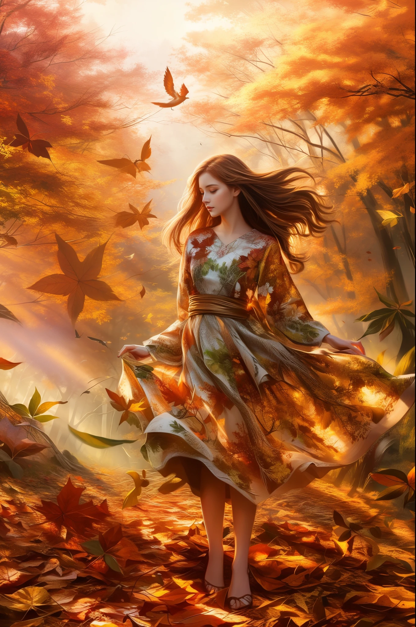 (Raw photo:1.2), (Photorealistic), Beautiful detailed girl, Very detailed eyes and face, Beautiful detailed eyes, Huge file size, High resolution, Very detailed, Best Quality, [masutepiece:1.6], Illustration, Very detailed, Fine detail, Best Quality, 8K Wallpaper, Movie Lighting,A woman with long hair and a coat is standing in the forest, realistic cute girl painting,  beautiful digital works of art, realistic digital art 4k, realistic digital art 4 k, detailed painting 4 k, realistic digital illustration, beautiful digital painting, beautiful gorgeous digital art, Beautiful Autumn Spirits, beautiful art uhd 4 k, stunning digital illustration