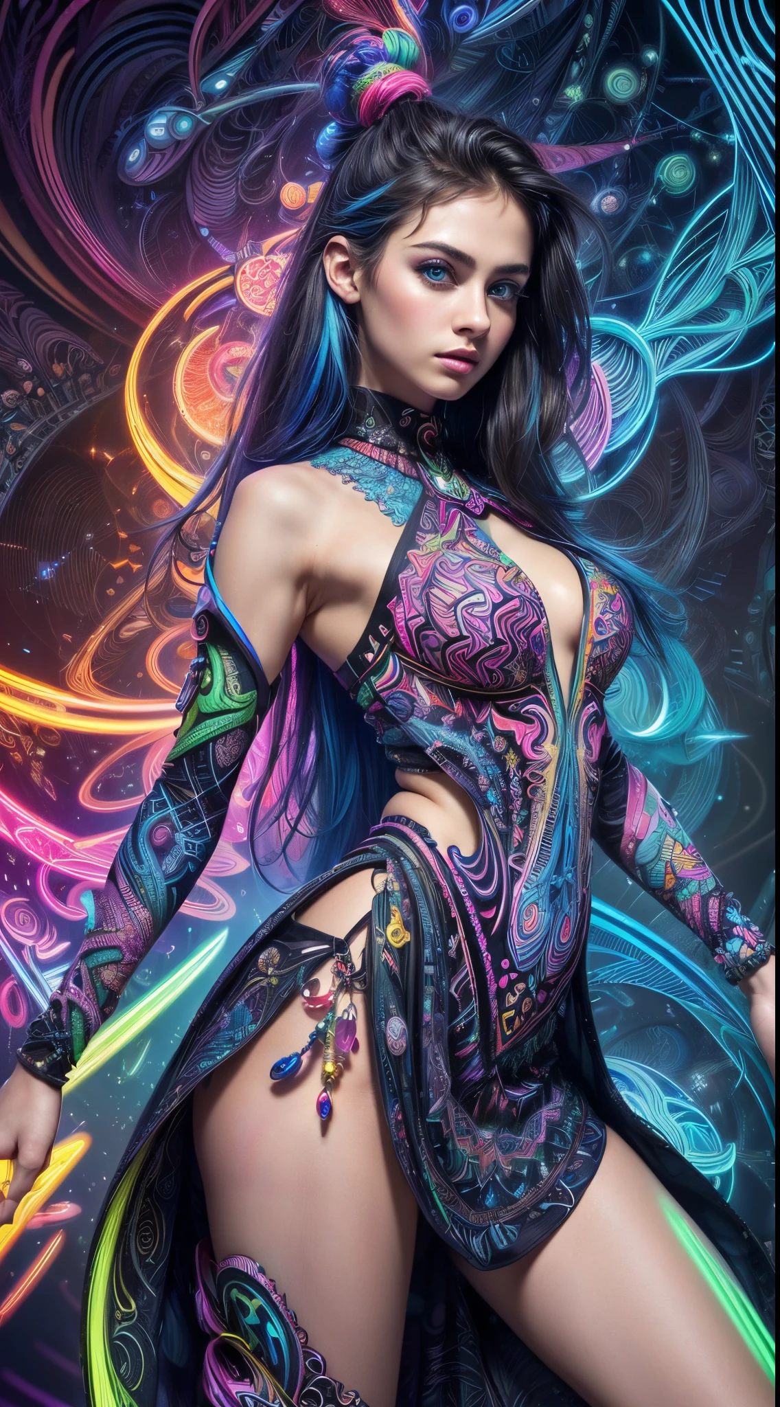 (Masterpiece, Top Quality, Best Quality, Official Art, Beautiful and aesthetic:1.2), (1Girl:1.3), Extremely detailed,(fractal art:1.2),colourfull,highest details,( Zentangle neon:1.2), (Dynamic Pose), (Abstract background neon:1.5), (treditional dress:1.2), (sparkly skin), (many colors:1.4), upper half body ,neons,16 k,Full HD, Blue Eyes,