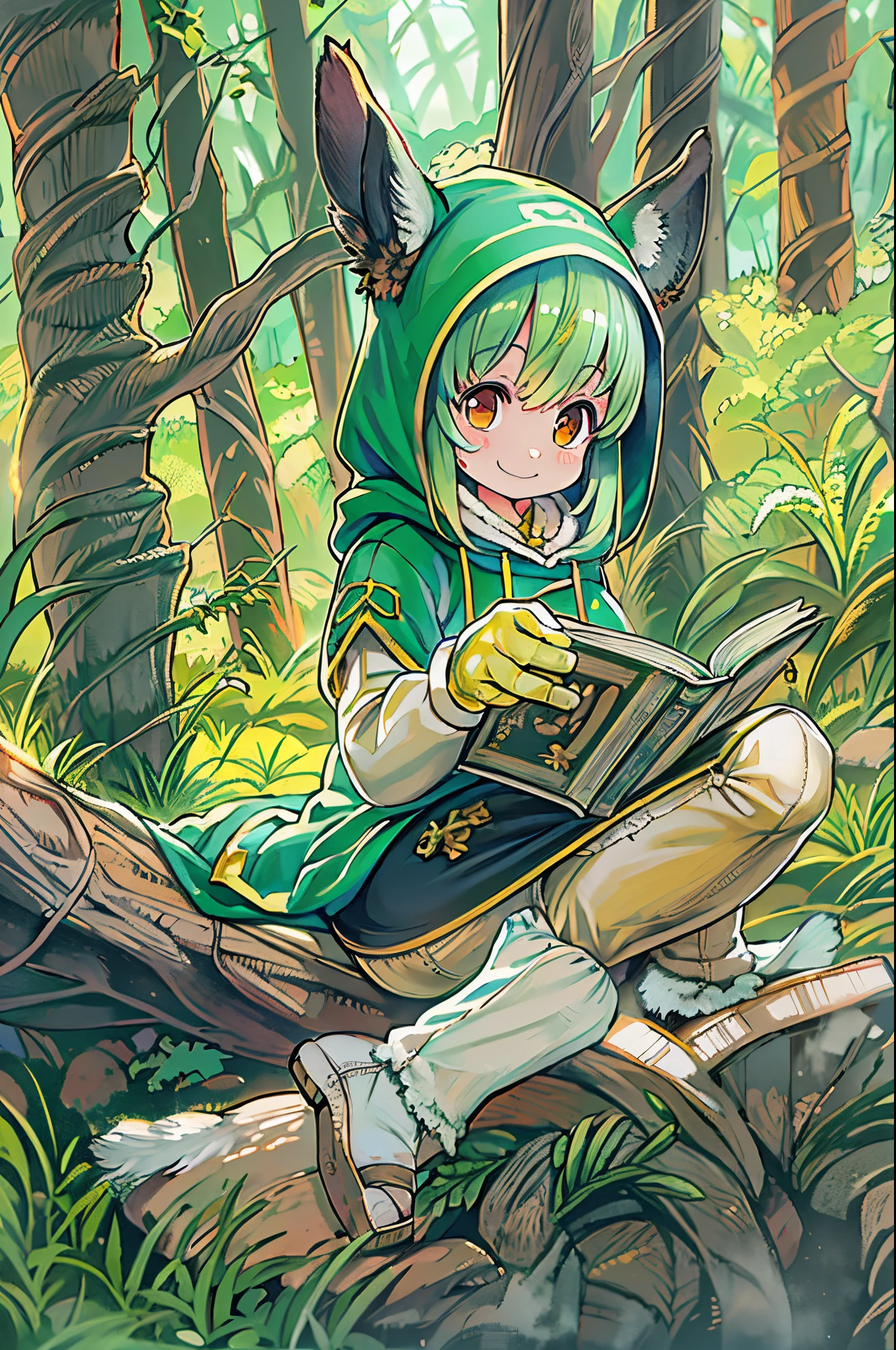masutepiece, Best Quality,, 1girl in, Sitting, animal, Animal ears, Bird, Black_hair, Boken, Bookmark, branch, gloves, tussock, Green hair, Holding, holding book, hoods, Hood down, fronds, Looking at Viewer, multicolored hair, Open_Boken, partially fingerless gloves, pens, plant, Pouch, quill, Reading, Sitting, Smile, Solo, tail, tree, stump,, skyporn, Sun, mont, forest, lake