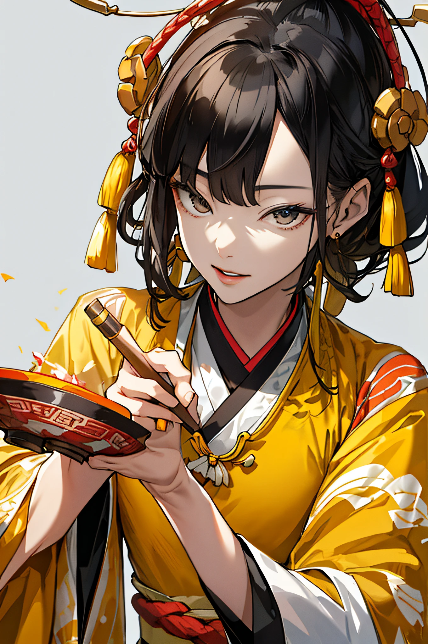 (Best quality at best,4K,8K,A high resolution,tmasterpiece:1.2),ultra - detailed,(actual,realistically,realistically:1.37),MagazineCover:1.3,ulzzang-6500,(actual:1.3),(Original:1.2),tmasterpiece,beauitful face,Half a body,1人の女性,(Wearing yellow Hanfu,Wearing ancient Chinese hairpins,curlies,period clothing,embroidery,precious stones,Chinese knot),Street,down view,Dramatic perspective,Right-handed close-up,Tang dynasty costumes,Dunhuang style