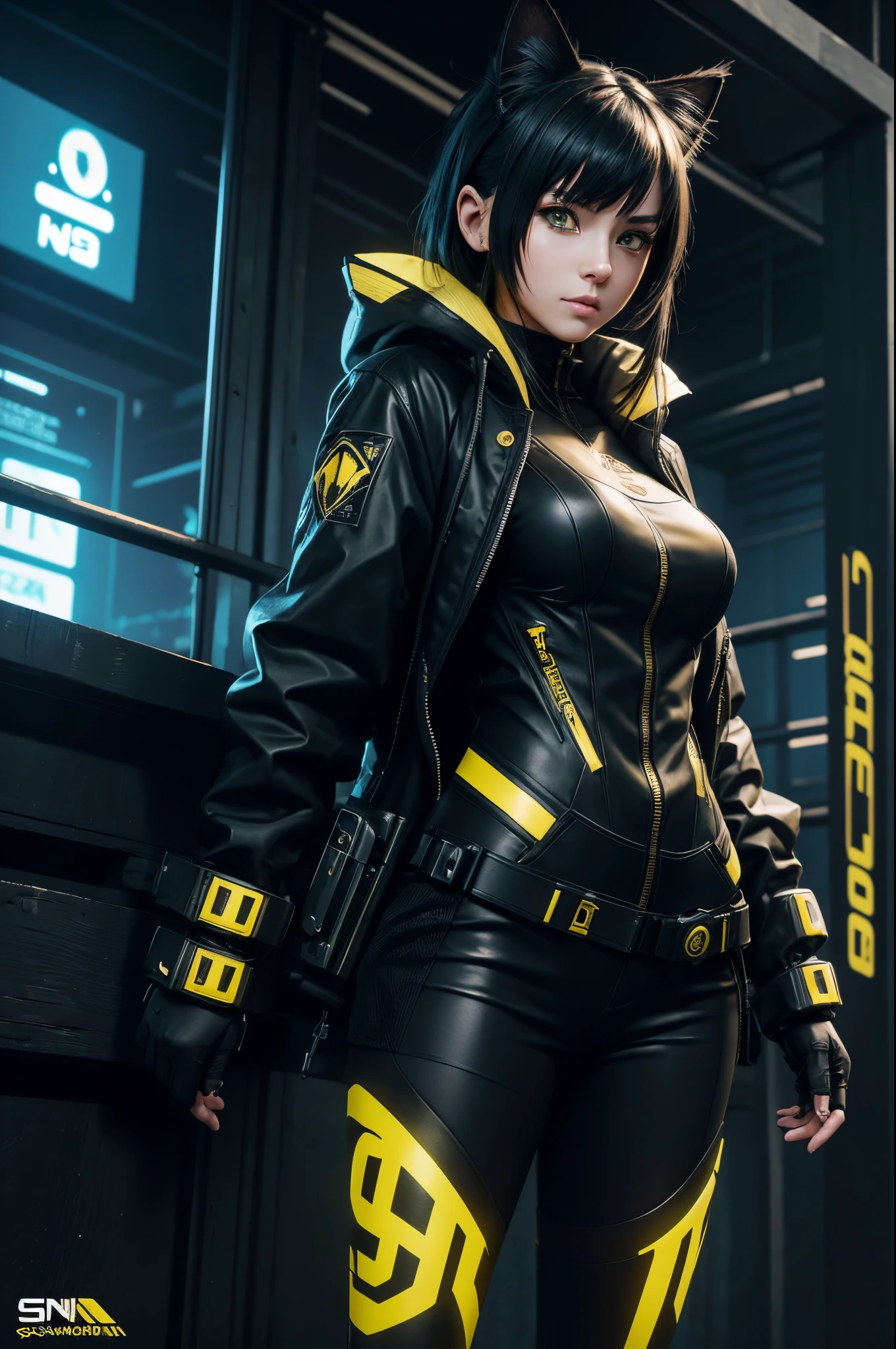 8k,Anime-style woman in black and yellow costume posing for a photo, Cyberpunk Girl, attractive cat girl, The Art of Digital Cyberpunk, Cat Girl, wojtek fus, wearing techwear and armor, teens girl, Trending on CGSTATION,in woods,