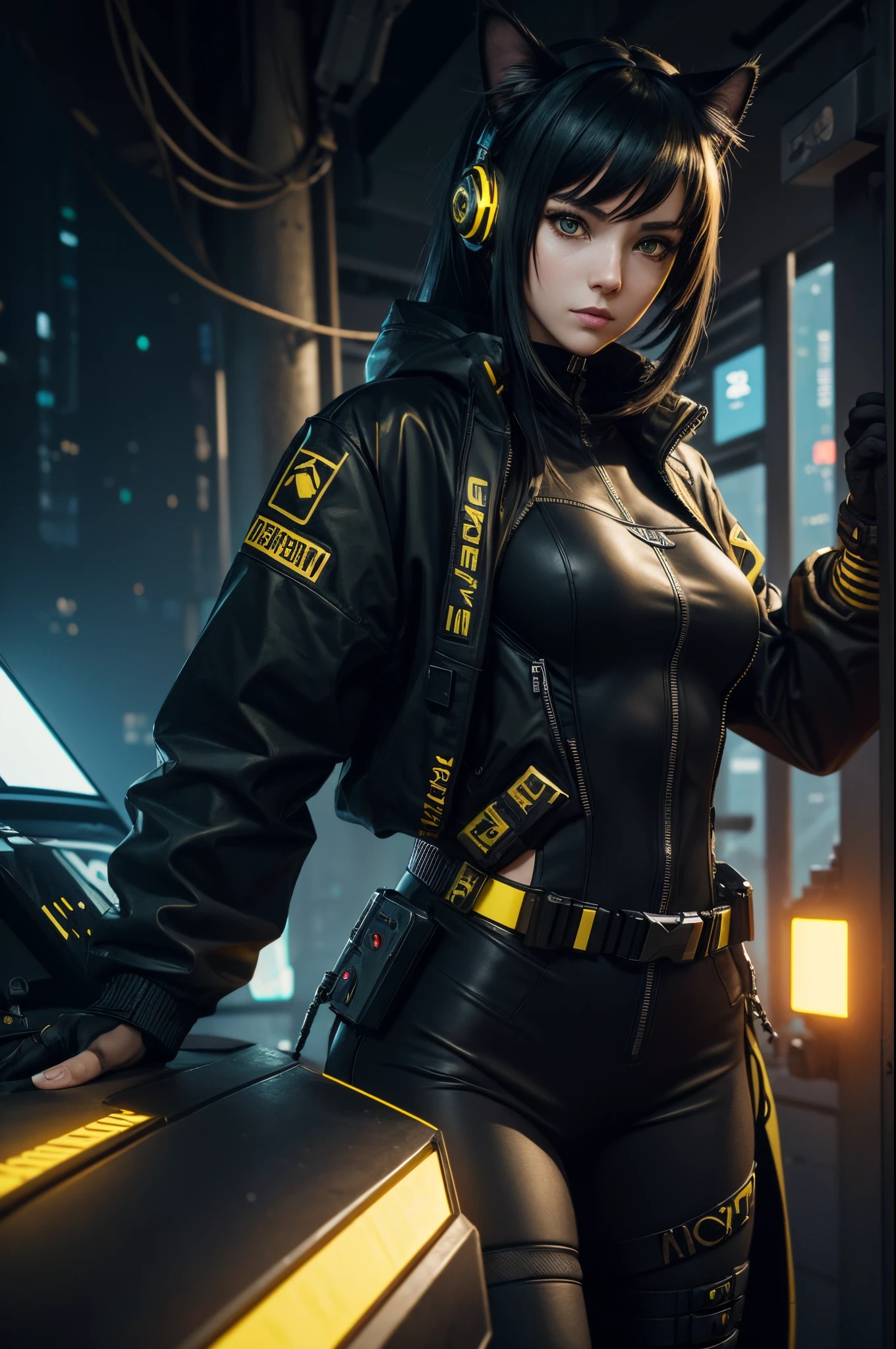 8k,Anime-style woman in black and yellow costume posing for a photo, Cyberpunk Girl, attractive cat girl, The Art of Digital Cyberpunk, Cat Girl, wojtek fus, wearing techwear and armor, s girl, Trending on CGSTATION,in woods,
