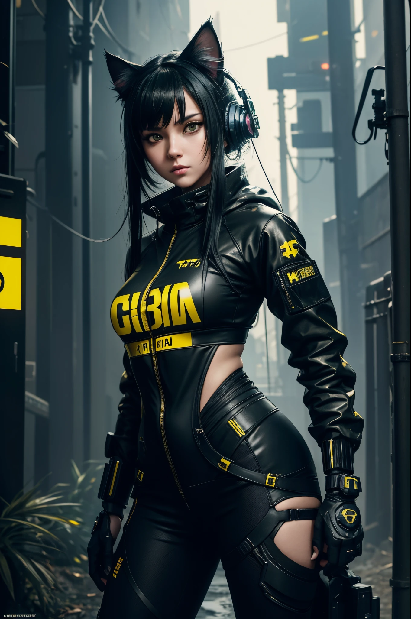 8k,Small-breasted cat girl in black and yellow costume posing for a photo, small breasted cyberpunk girl, attractive cat girl, The Art of Digital Cyberpunk, Cat Girl,  wojtek fus, wearing techwear and armor, teens girl, Trending on CGSTATION,in woods,