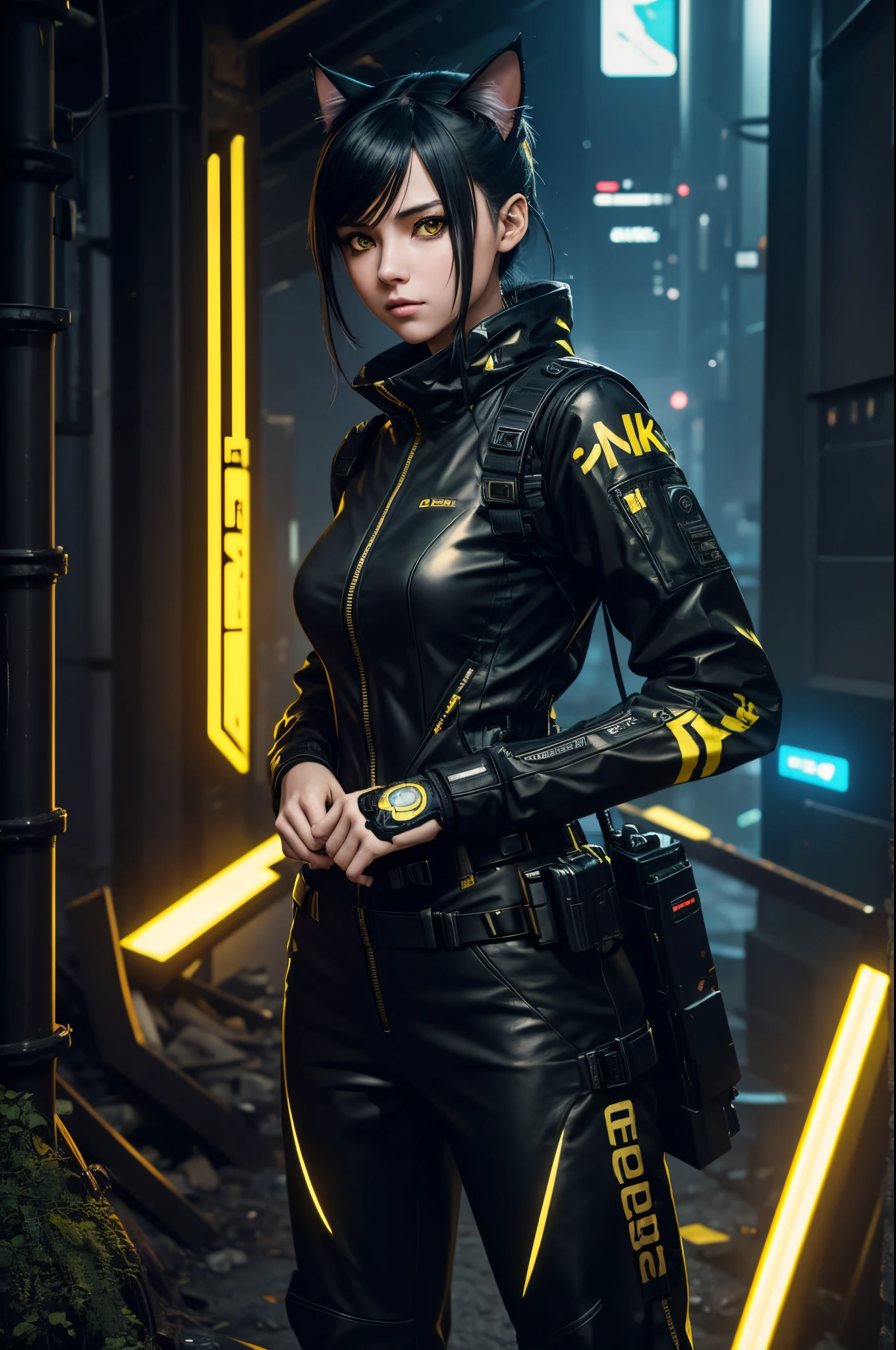 8k,Anime-style woman in black and yellow costume posing for a photo, Cyberpunk Girl, attractive cat girl, The Art of Digital Cyberpunk, Cat Girl,  wojtek fus, wearing techwear and armor, teens girl, Trending on CGSTATION,in woods,