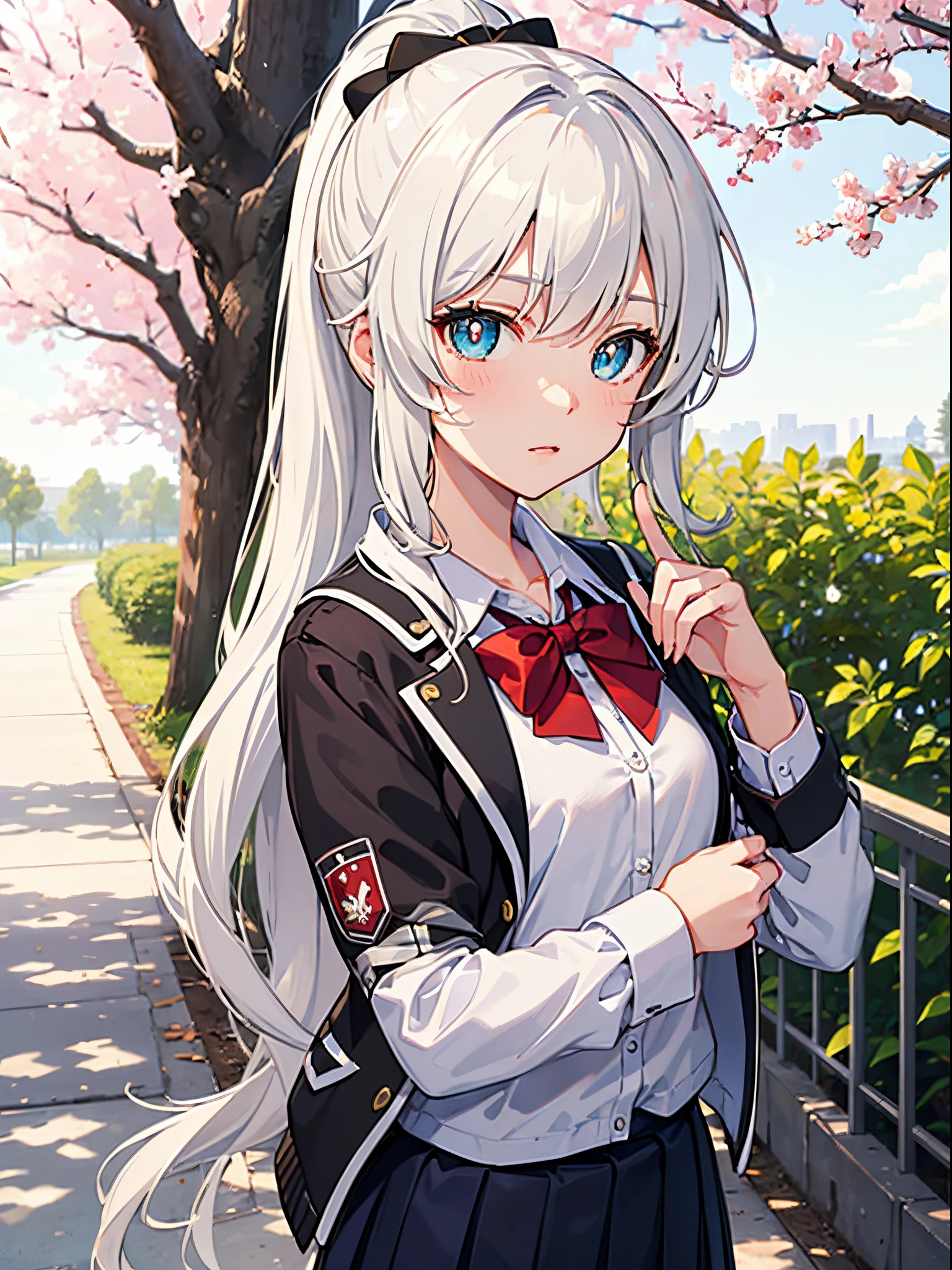 Masterpiece, best quality, expressive eyes, perfect face, Nao Tomori, Charlotte, ponytail, jacket, 1 girl, cherry trees, perfect finger, blue pupils, black skirt, white hair, school uniform