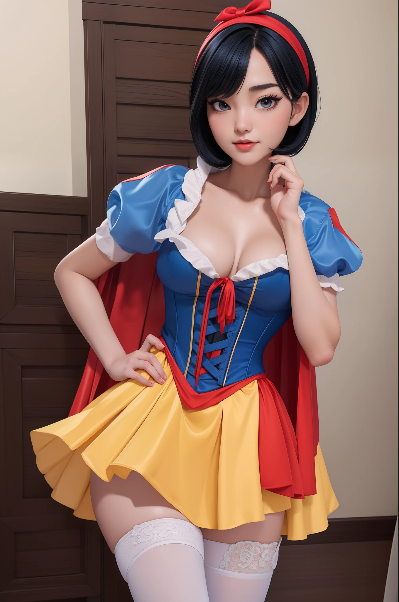 Beautiful Korean 18 year old woman, wearing snow white cosplay, blue silk corset, red silk cape, yellow silk pleated skater skirt, , black short  bob hair, red hairband,   , masterpiece, photorealistic, amazing detailed face, amazingly detailed skin, boots,