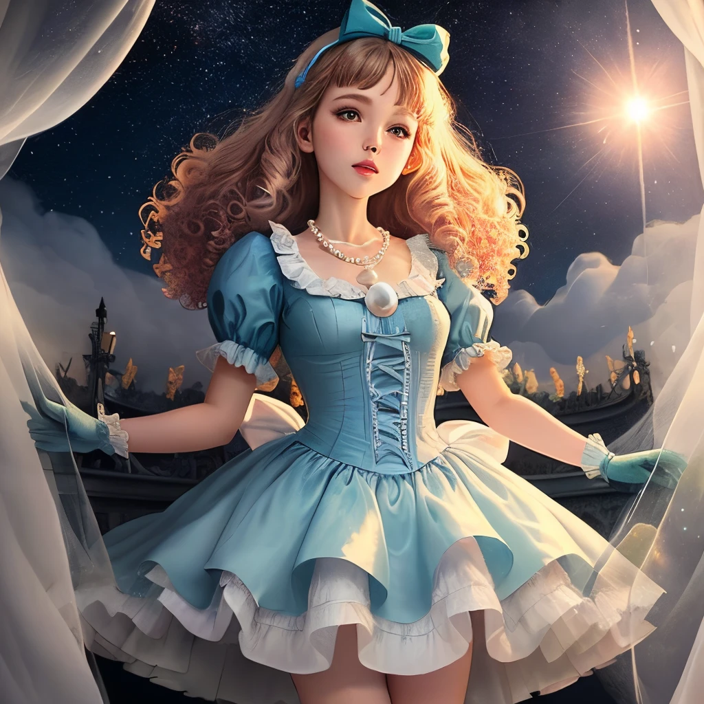 Super gorgeous, extreme multiplication, shiny crystal, cinematic lighting, curly hair, Roman curls, frills, misty, Alice in wonderland, dramatic composition, extreme detail, high resolution, lolita dress, bow, pearl necklace, lace gloves, bow, ribbon, floating, levitating, fly, misty, starry, dreamy, transparent fabric, layered yarn, transparent gauze skirt