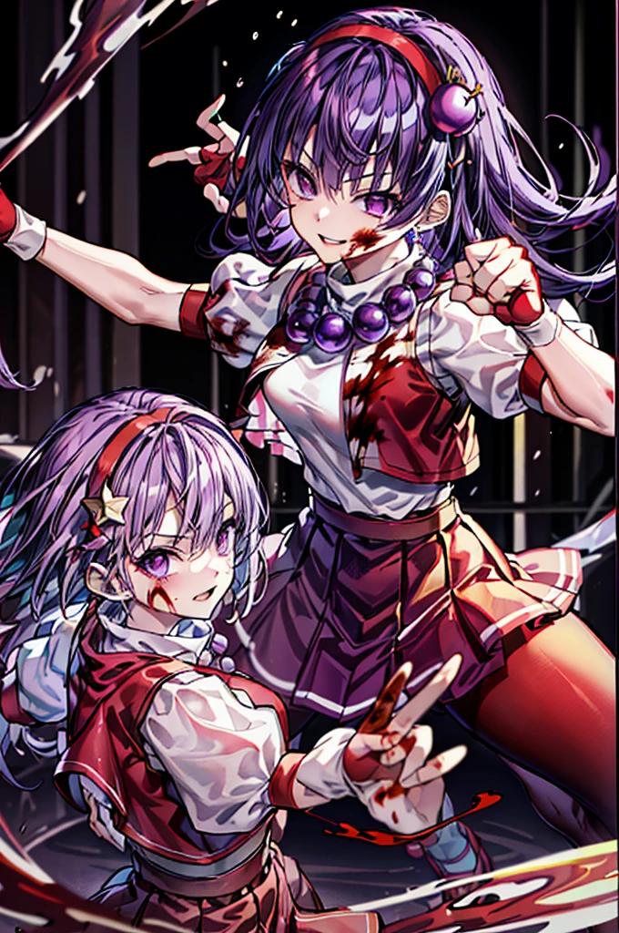 (masterpiece)、(top-quality)、(ultra-detailliert)、intricate detailes、athena97、(1girl in)、独奏、Purple eyes、Purple hair、length hair、White earrings、red hairband、Star hair ornament、Medium Breath、Red vest、White turtleneck、White Puff Sleeves、shortsleeves、Red pleated skirt、(Crimson pantyhose:1.2)、Black pantyhose、Yellow belt、purple sphere shape necklace、Red fingerless gloves、White short socks、Red shoes、evil smile、NSFW、Cowboy Shots、blurry backround、anime styled、(Blood on the face:1.4)、(Fighting stance:1.6)