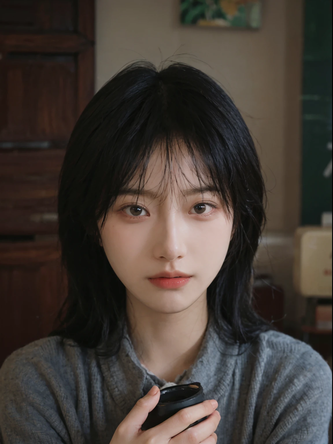 Best quality， 超高分辨率， （realistically：1.4）， A woman with long black hair and a gray sweater, middle view, JK school uniform，under a ray of sunshine，She has black hair，through bangs, young lovely Korean faces, Cute Korean face, Urzans, Shin Jinying, beautiful aesthetic face, Korean facial features, Played by Liu Li Zhien ，beautiful realistic face