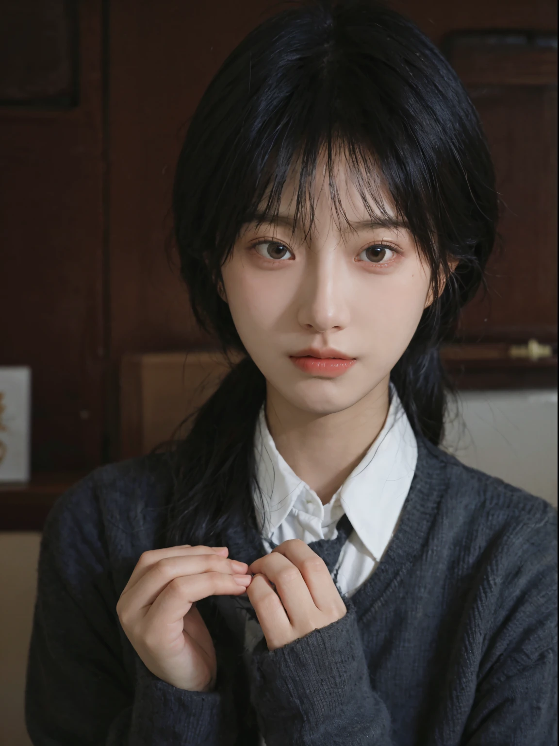 Best quality, 超高分辨率, (realistically:1.4), A woman with long black hair and a gray sweater, middle view, JK school uniform,under a ray of sunshine,She has black hair,through bangs, young lovely Korean faces, Cute Korean face, Urzans, Shin Jinying, beautiful aesthetic face, Korean facial features, Played by Liu Li Zhien ,beautiful realistic face