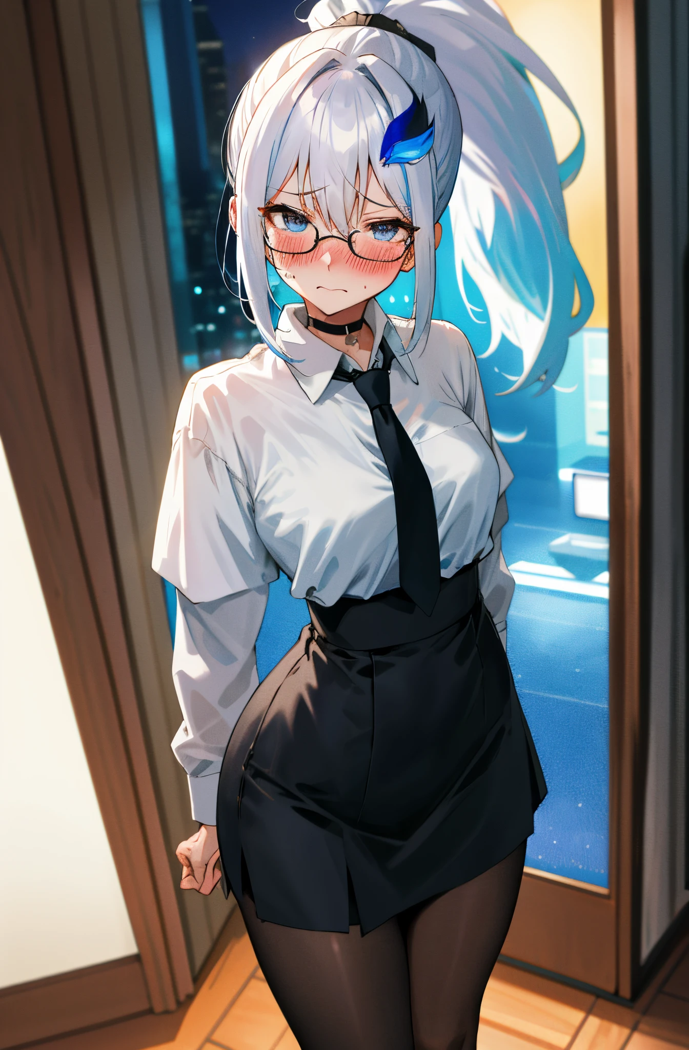 One girl with high ponytail hair, white hair, blue inner hair, looking at viewer, embarrassed, blushing, tears, indoor, living room, white shirts, black necktie, mini skirt, office lady, thigh, slim, dizzy, choker, mid-chest, wide hips, perfect waist, spread legs, night atmosphere, hair ornament, standing, glasses, pantyhose, (embarrassed:1.0)