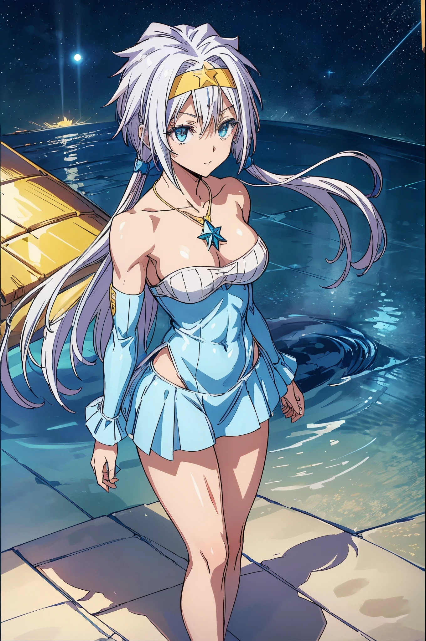 (1 girl), (((Velzard de tensei shitara slime datta ken))), She has fair skin, eyes the color of blue diamonds and long, shiny hair, Pearl White, reaching down to her waist, (((She wears a blue pendant in the shape of a star and a golden headband))), (wears a very short black bikini), large breasts, thin arms, (muscular belly), (((muscular legs))),(standing), thin waist, bare feet and very detailed, beautiful feet and well-shaped toes, (((beach night scene with starry sky and blood moon in the sky))), (hair tied in double ponytails), empty eyes, eyes empty, empty eyes, eye reflection, glowing eyes, bad mood, anime, anime style, ray tracing, cinematic lighting, panorama, Sony FE, UHD, masterpiece, anatomically correct, super detail, high quality, best quality, high resolution, 16k