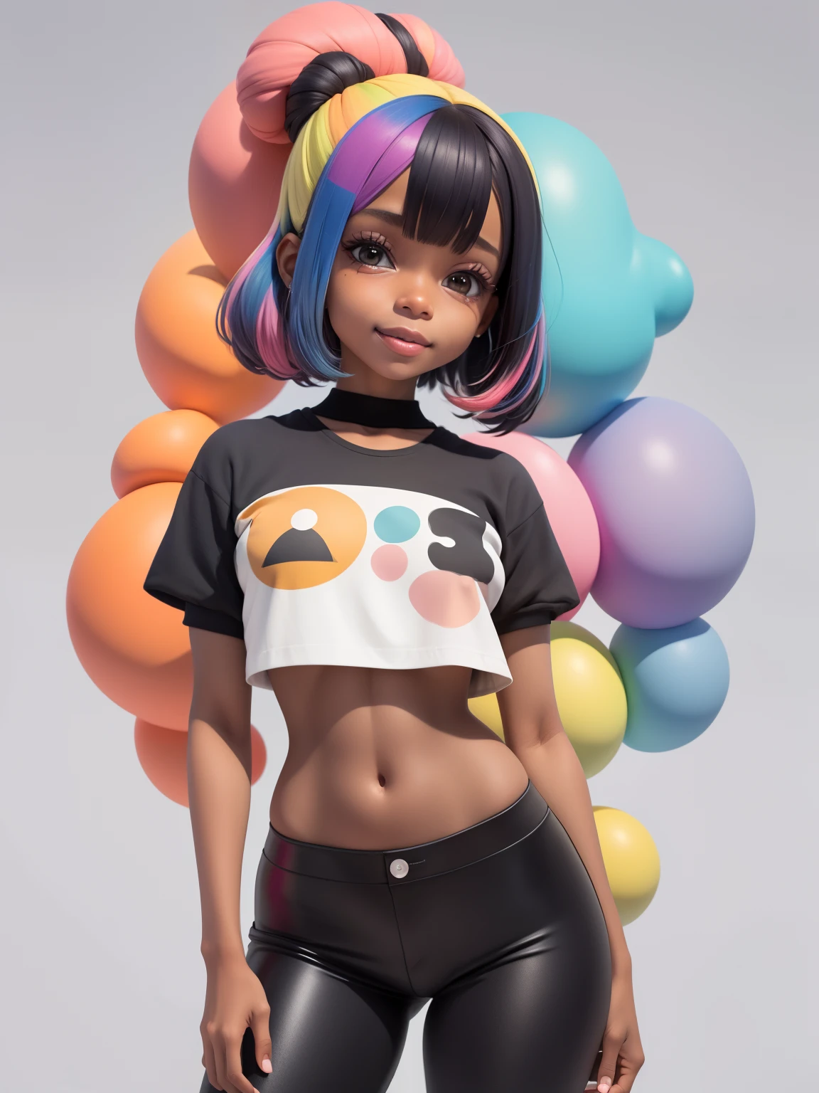 (obra-prima), (melhor qualidade), (ultra-detalhado), (corpo inteiro: 1.2) loli menina negra, touca, moletom preto, pants, jaqueta, blouse, sorriso claro, corpo inteiro, :3, cabelo multicolor, enrolado, encaracolado, crespo moderno, Modern accessories, fundo tom pastel , colorido e simples.