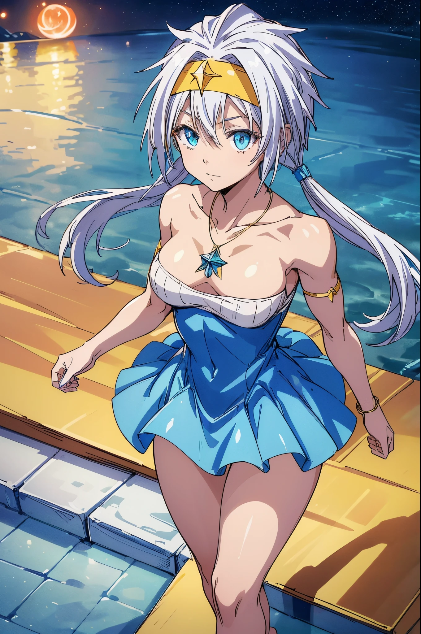 (1 girl), (((Velzard de tensei shitara slime datta ken))), She has fair skin, eyes the color of blue diamonds and long, shiny hair, Pearl White, reaching down to her waist, (((She wears a blue pendant in the shape of a star and a golden headband))), (wears a very short black bikini), large breasts, thin arms, (muscular belly), (((muscular legs))),(standing), thin waist, bare feet and very detailed, beautiful feet and well-shaped toes, (((beach night scene with starry sky and blood moon in the sky))), (hair tied in double ponytails), empty eyes, eyes empty, empty eyes, eye reflection, glowing eyes, bad mood, anime, anime style, ray tracing, cinematic lighting, panorama, Sony FE, UHD, masterpiece, anatomically correct, super detail, high quality, best quality, high resolution, 16k