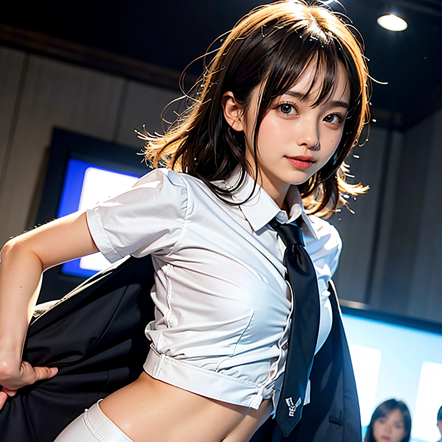 (masutepiece, Best Quality:1.2), 8K, Official art, Full body photo, full body Esbian、Fashionable background、luxurious backdrop、Emma fastening her tie.trouser、Cute smile、cute face、Suits、A dark-haired、years、small tits、A delightful、A smile、unbelievable Ridiculous, (Upper body, Slip suit:Cute Tie 1.4), Beautiful Girl, Pretty Face, arching back down, cute butt、Gold hair ornament on hair、Wearing a cute suit、close up, Wearing a suit, Short sleeve, gardenia, violaceaess, Teen,, Looking at Viewer, Film grain, chromatic abberation, Sharp Focus, face lights, Dynamic lighting, Cinematic lighting, Eyes and faces with detailed, Bokeh background, (Tie with Emma written on it、1 copy:1.2)