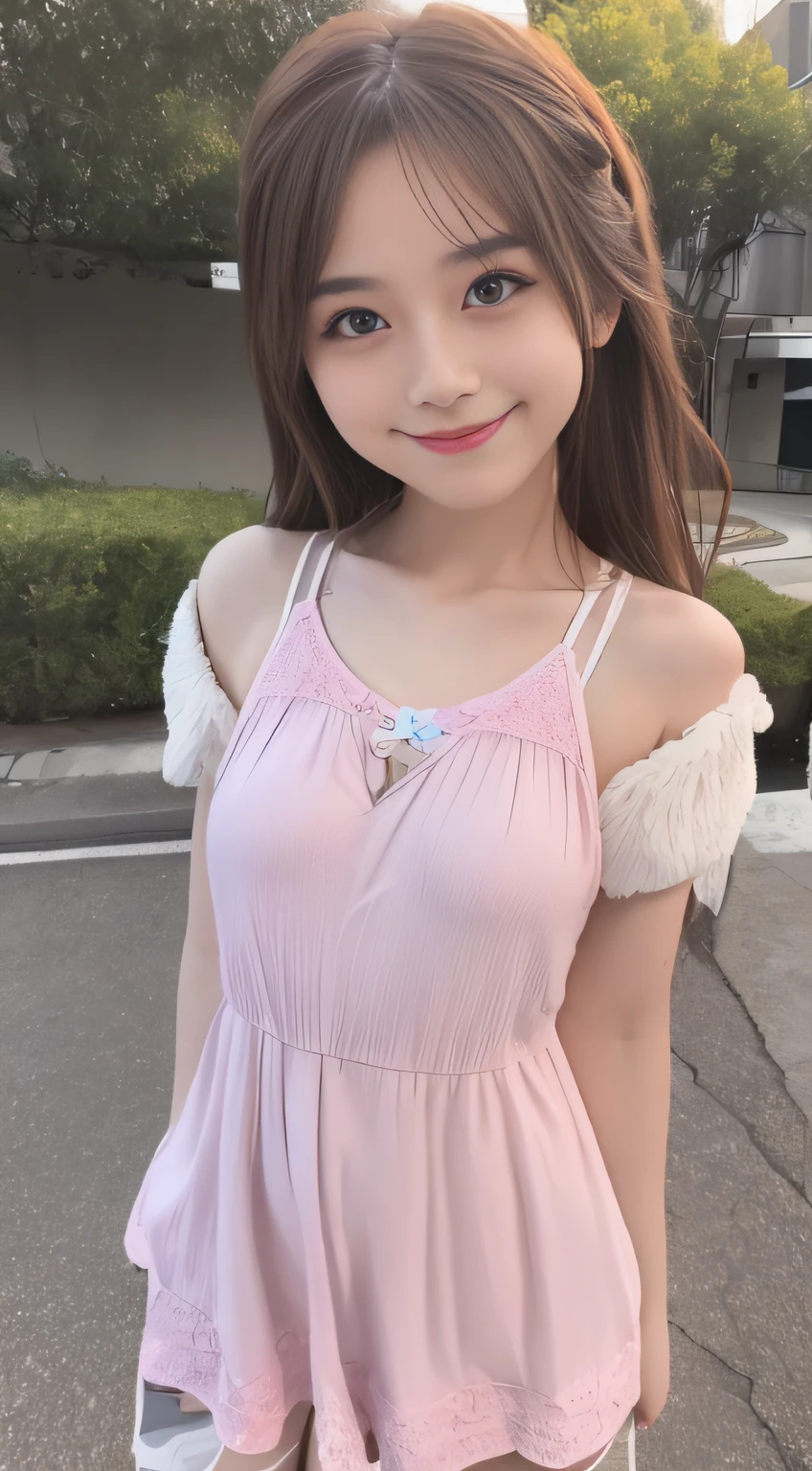 A happy smile looking at this、1girl in, 独奏, (summer clothing:1.4), brown-eyed, doress, looking_at_viewer, , cute little, Clear facial skin, (top-quality), (​masterpiece:1.1)　sixteen years old