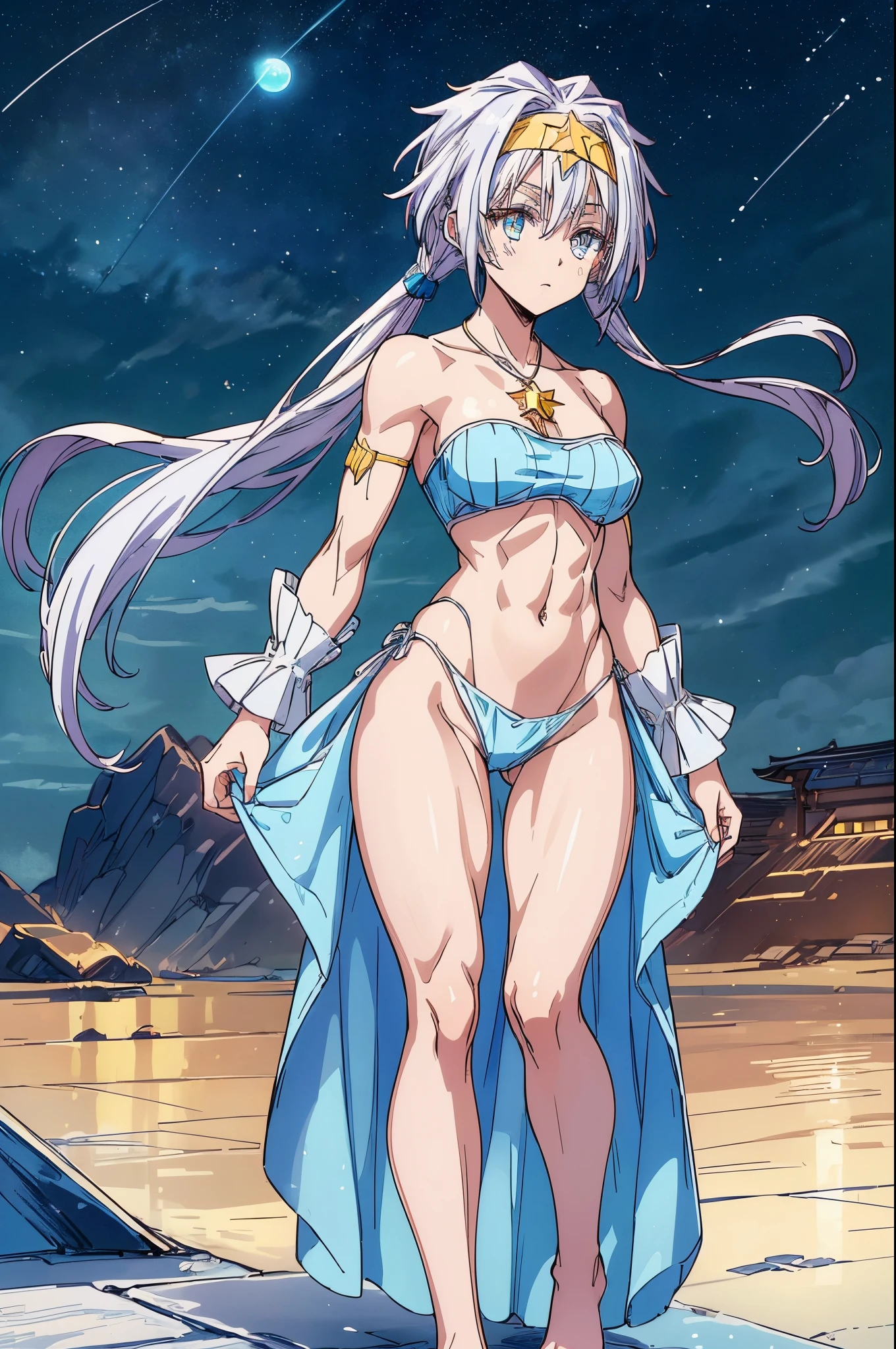 (1 girl), (((Velzard de tensei shitara slime datta ken))), She has fair skin, eyes the color of blue diamonds and long, shiny hair, Pearl White, reaching down to her waist, (((She wears a blue pendant in the shape of a star and a golden headband))), (wears a very short black bikini), large breasts, thin arms, (muscular belly), (((muscular legs))),(standing), thin waist, bare feet and very detailed, beautiful feet and well-shaped toes, (((beach night scene with starry sky and blood moon in the sky))), (hair tied in double ponytails), empty eyes, eyes empty, empty eyes, eye reflection, glowing eyes, bad mood, anime, anime style, ray tracing, cinematic lighting, panorama, Sony FE, UHD, masterpiece, anatomically correct, super detail, high quality, best quality, high resolution, 16k