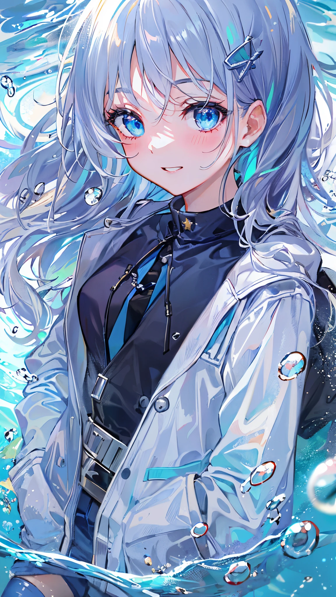 ((top-quality)), ((masterpiece)), ((ultra-detailliert)), (Extremely delicate and beautiful), girl with, 独奏, cold attitude,((Black jacket)),She is very(relax)with the(Settled down)Looks,depth of fields,Evil smile,Bubble, under the water, Air bubble,Underwater world bright light blue eyes,inner color with bright gray hair and light blue tips,,,,,,,,,Cold background,Bob Hair - Linear Art, shortpants、knee high socks、White uniform like school uniform、Light blue ribbon ties、Clothes are sheer、Hands in pockets、Bright eyes like sapphire,Fronllesse Blue, A small blue light was floating、fantastic eyes