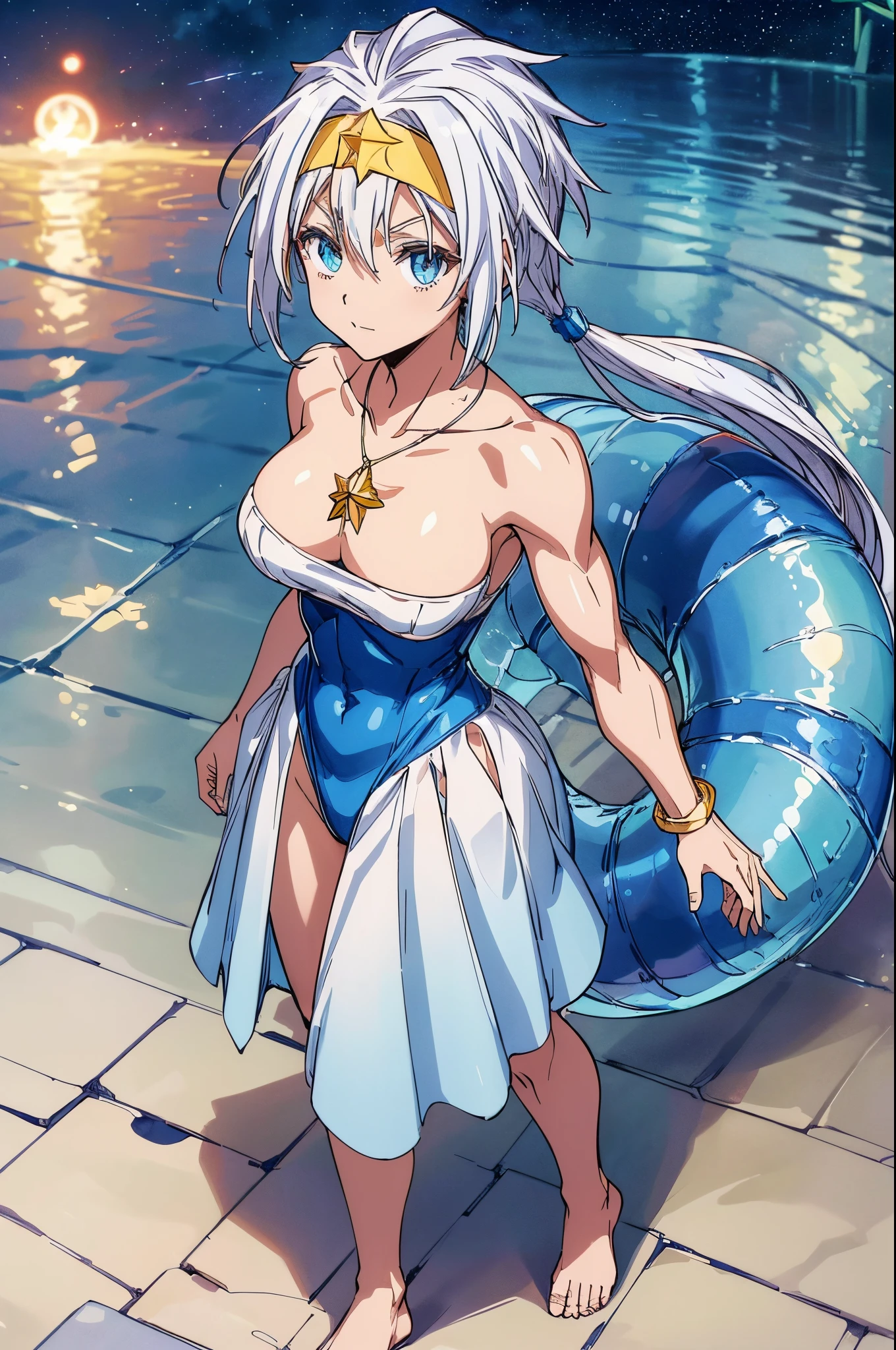 (1 girl), (((Velzard de tensei shitara slime datta ken))), She has fair skin, eyes the color of blue diamonds and long, shiny hair, Pearl White, reaching down to her waist, (((She wears a blue pendant in the shape of a star and a golden headband))), (wears a very short black bikini), large breasts, thin arms, (muscular belly), (((muscular legs))),(standing), thin waist, bare feet and very detailed, beautiful feet and well-shaped toes, (((beach night scene with starry sky and blood moon in the sky))), (hair tied in double ponytails), empty eyes, eyes empty, empty eyes, eye reflection, glowing eyes, bad mood, anime, anime style, ray tracing, cinematic lighting, panorama, Sony FE, UHD, masterpiece, anatomically correct, super detail, high quality, best quality, high resolution, 16k